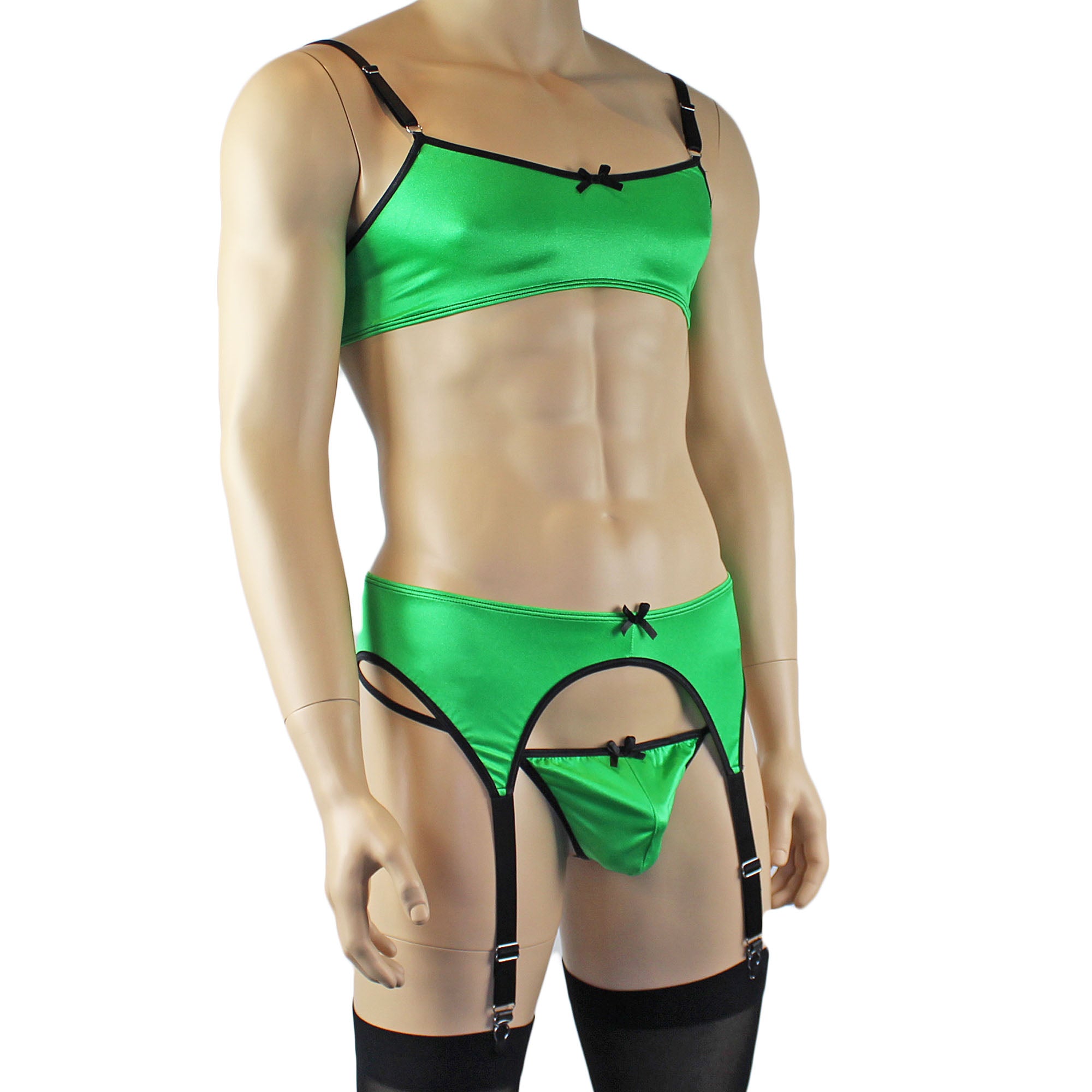 Mens Jenny Shiny Spandex Bra Top, G string and Garterbelt Lingerie Neon Green & Black