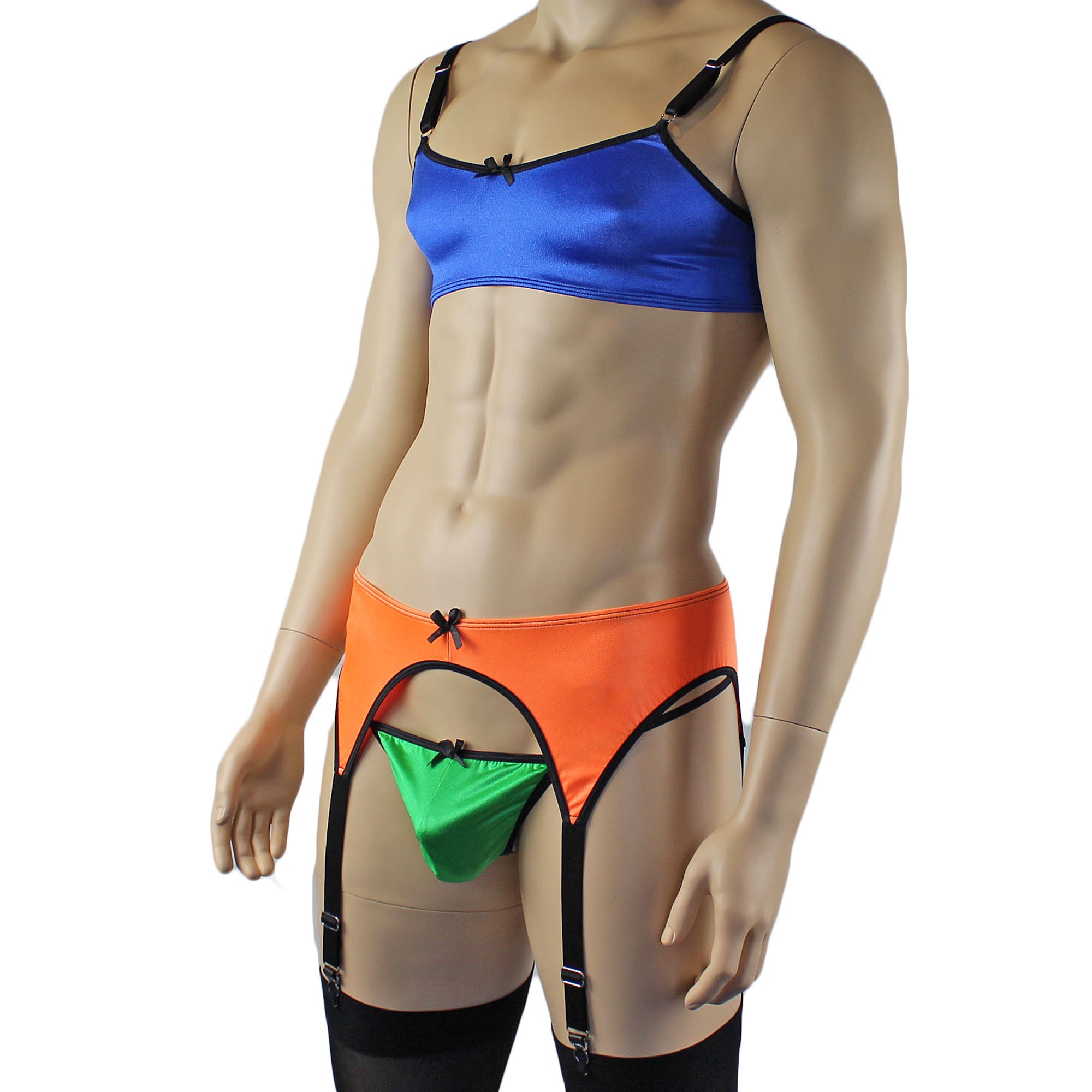 Mens Jenny Shiny Spandex Bra Top, G string and Garterbelt Multi Set Blue Orange Green