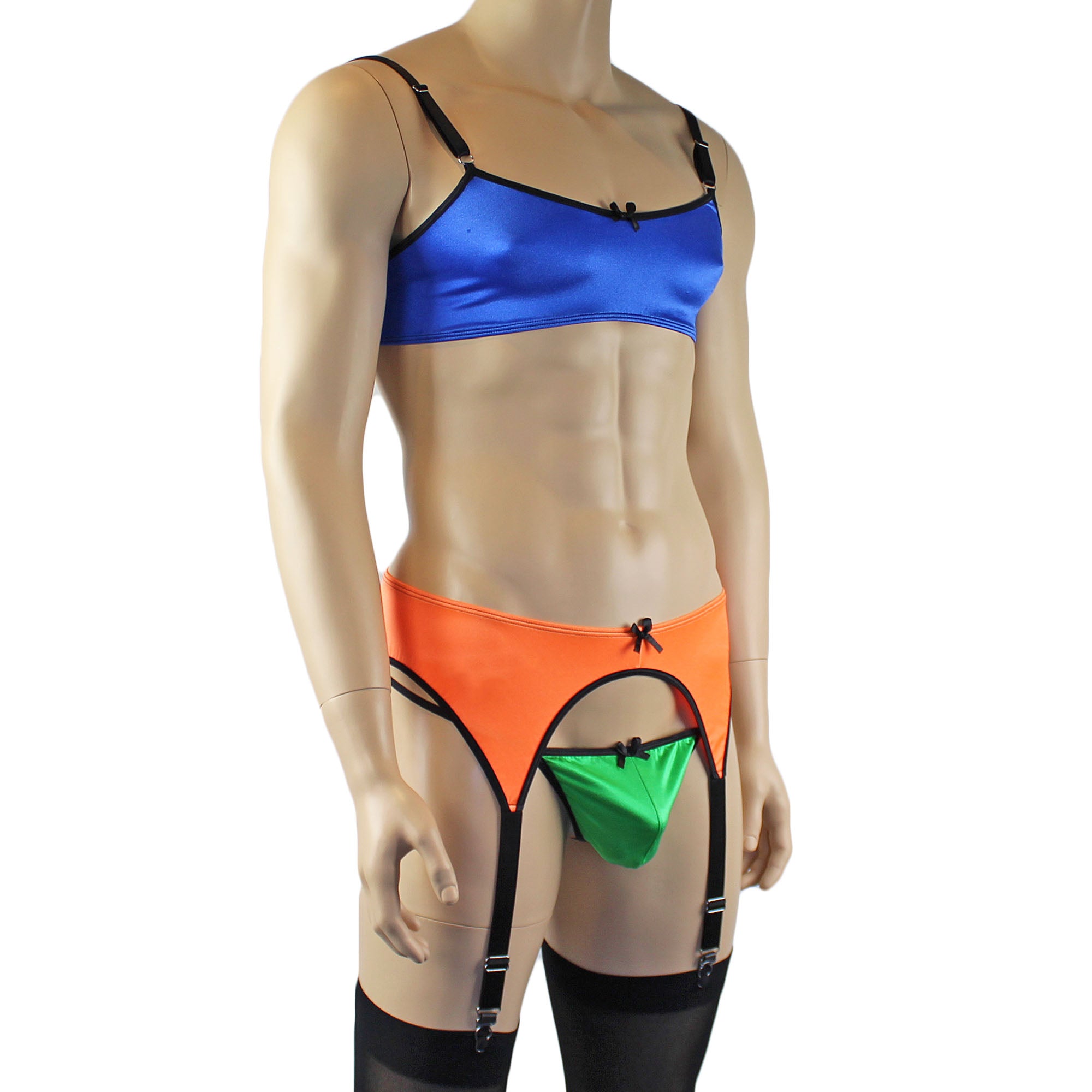 Mens Jenny Shiny Spandex Bra Top, G string and Garterbelt Multi Set Blue Orange Green