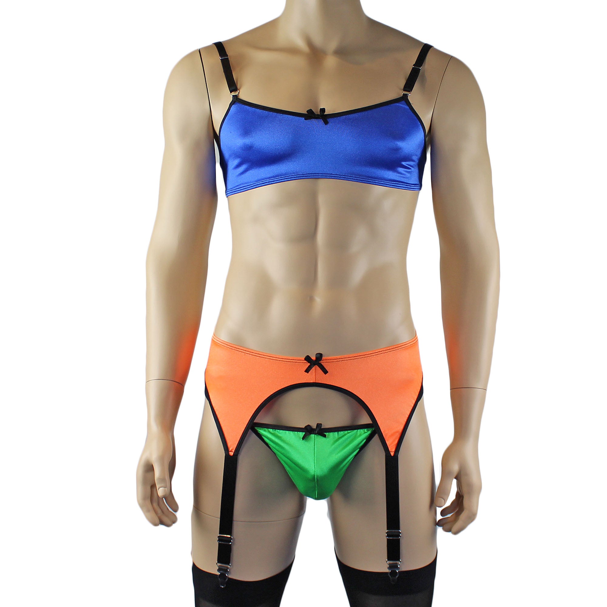 Mens Jenny Shiny Spandex Bra Top, G string and Garterbelt Multi Set Blue Orange Green