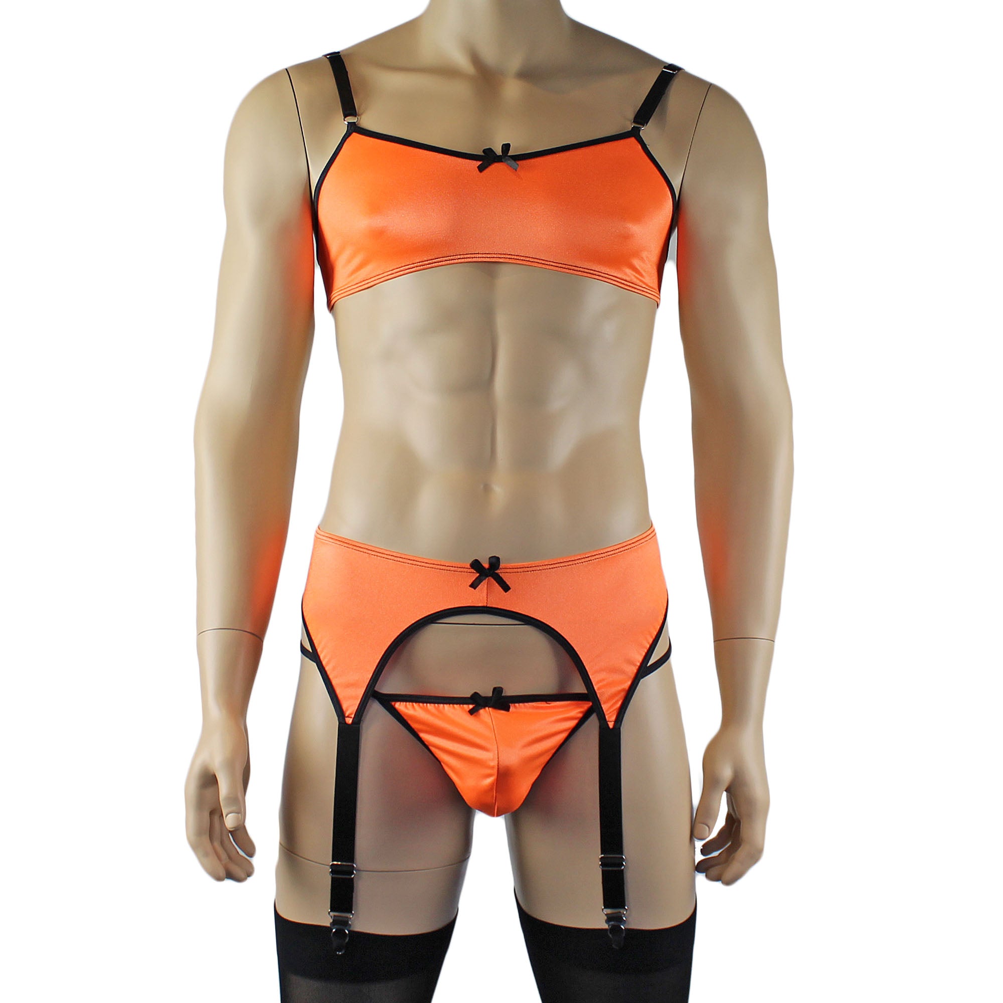 Mens Jenny Shiny Spandex Bra Top, G string and Garterbelt Lingerie Orange & Black