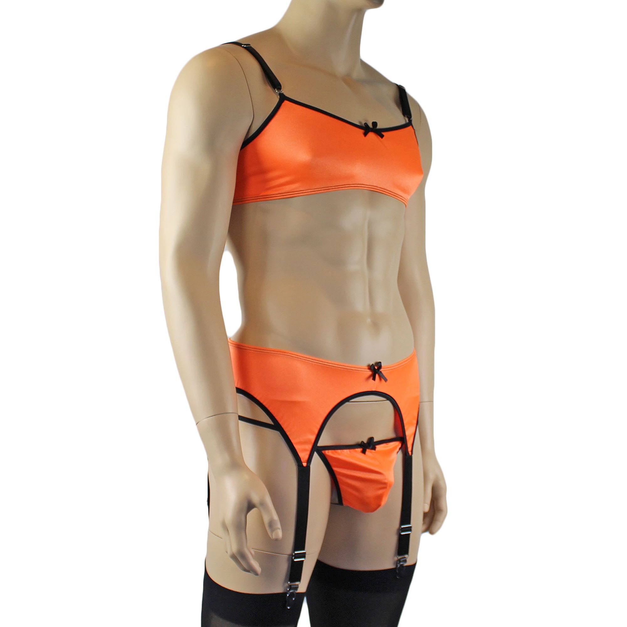 Mens Jenny Shiny Spandex Bra Top, G string and Garterbelt Lingerie Orange & Black
