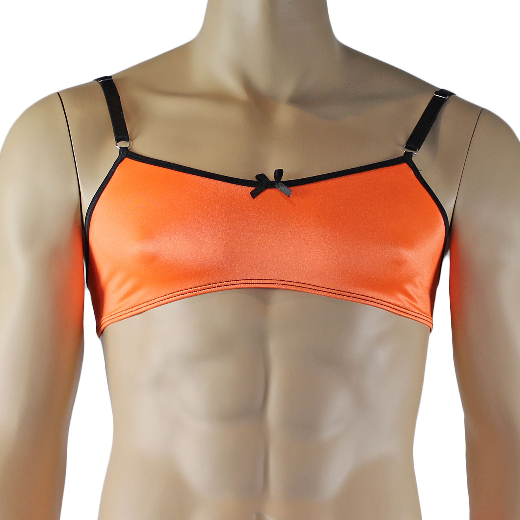 Mens Jenny Shiny Spandex Bra Top with Adjustable Straps Orange & Black