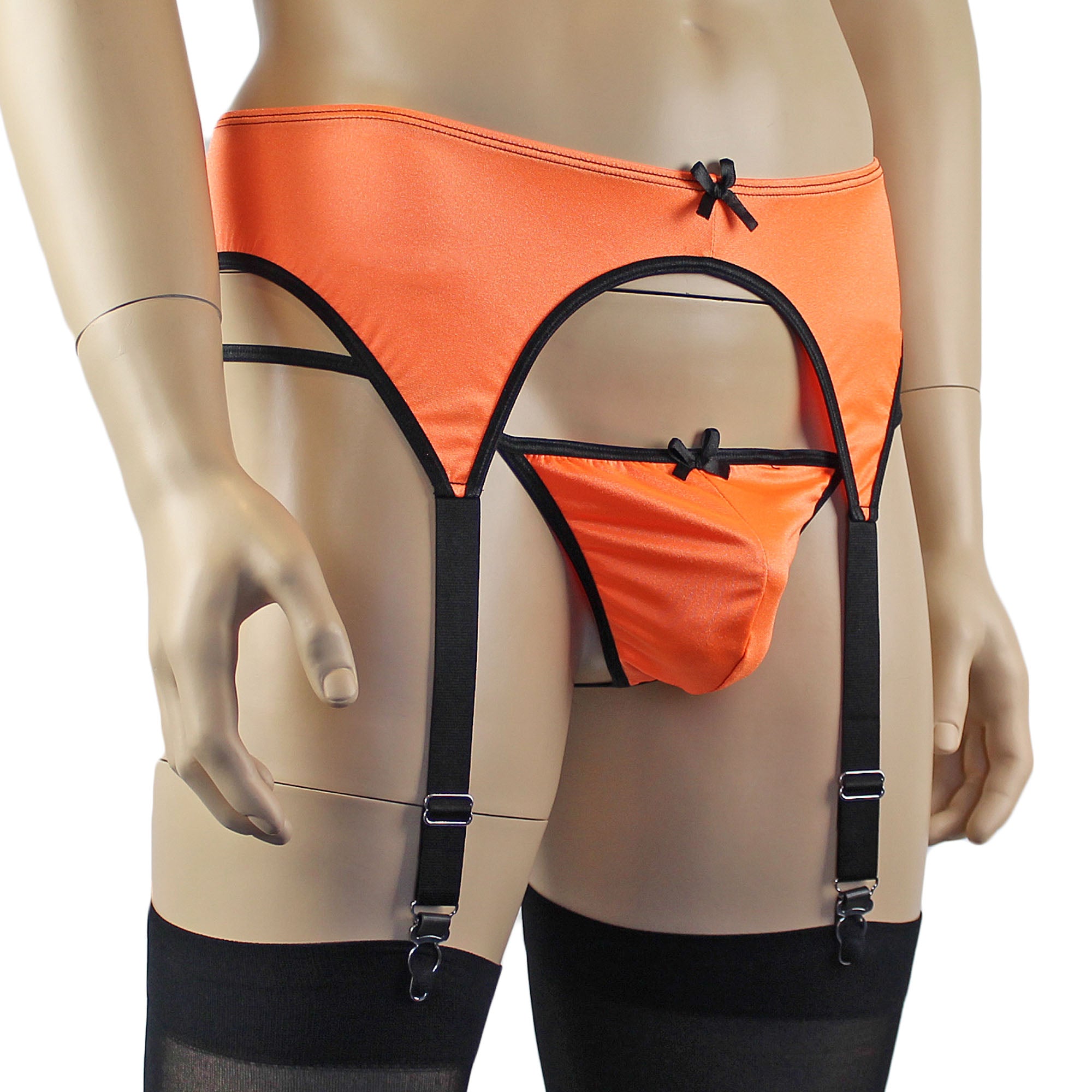 Mens Jenny Shiny Spandex Garterbelt Lingerie Orange & Black