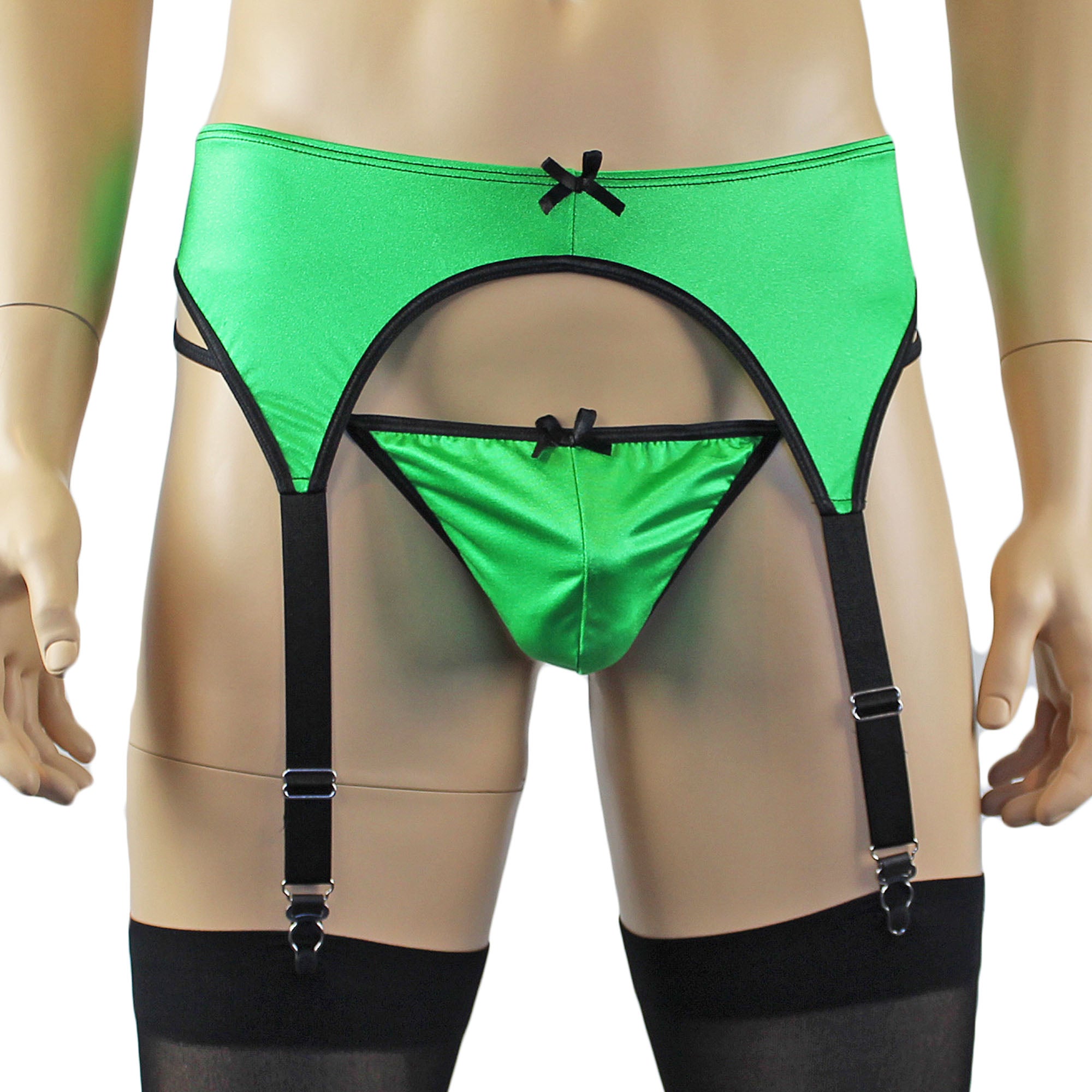 Mens Jenny Shiny Spandex Garterbelt Lingerie Neon Green & Black