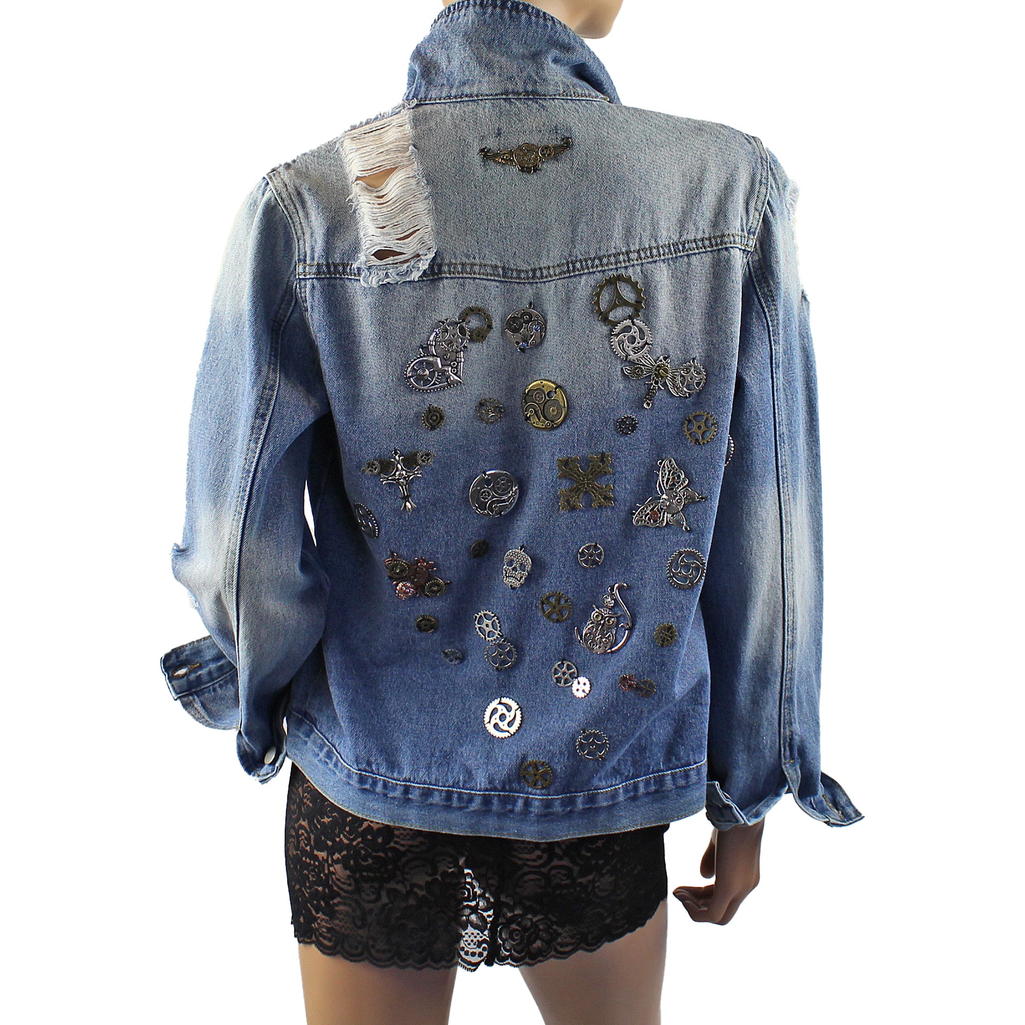 Jenni Re-Designed Denim Jacket with Metal Streampunk Embellishments & Distressed Look