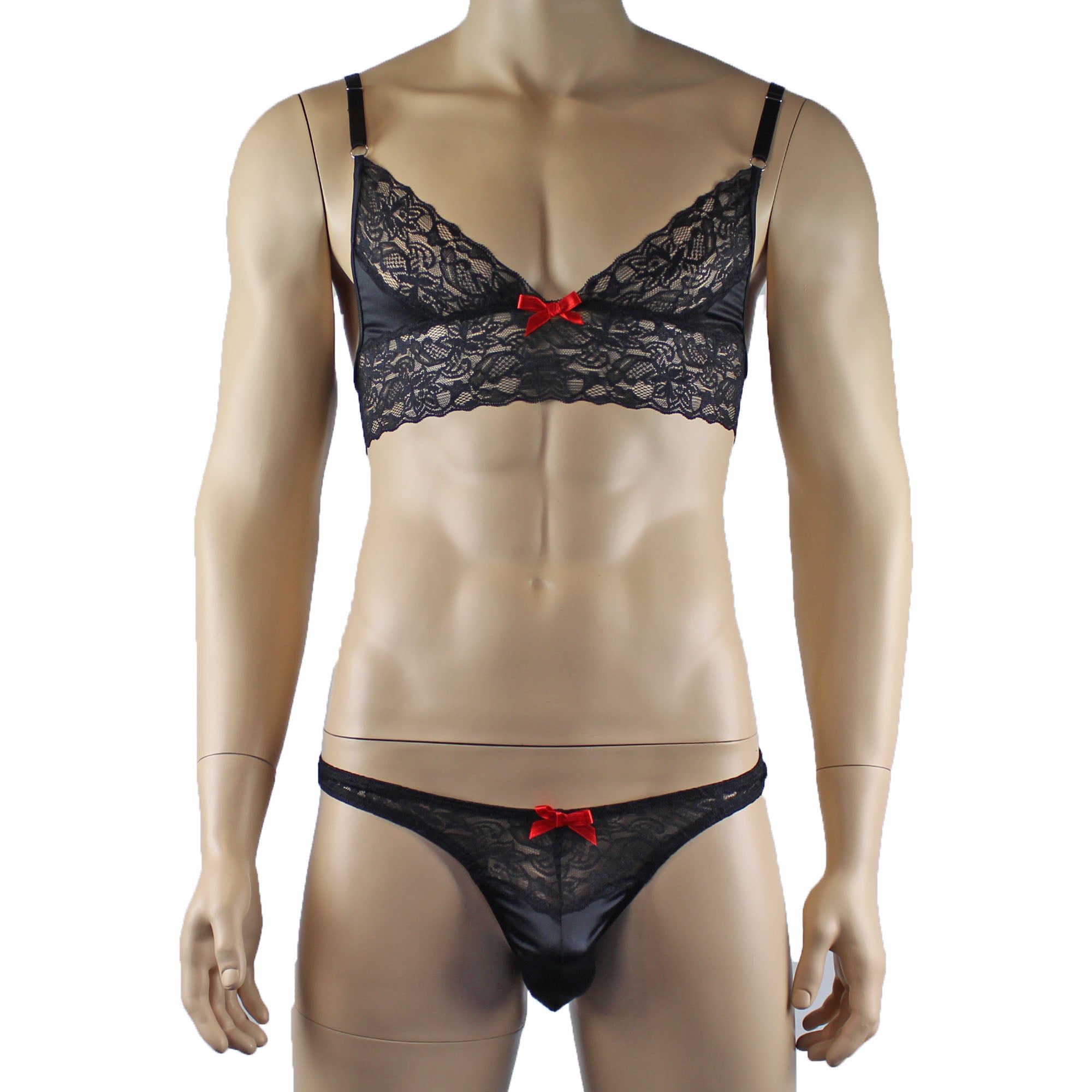 Mens Joanne Lace Bra Top Lingerie and Thong for Men Black and Black Lace