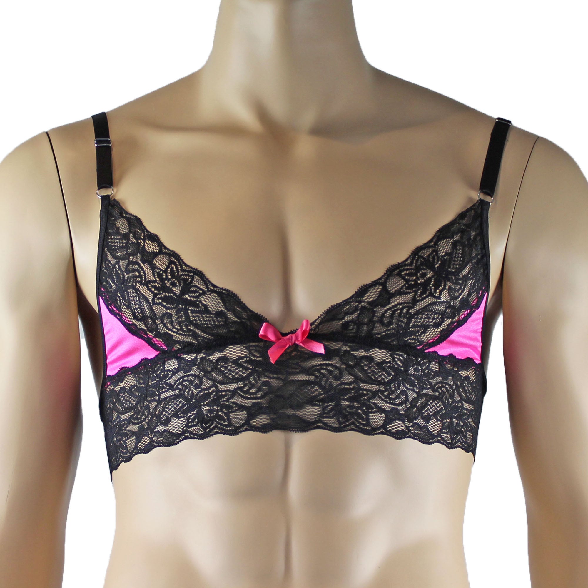 Mens Joanne Lace Bra Top Lingerie and Thong for Men Hot Pink and Black Lace