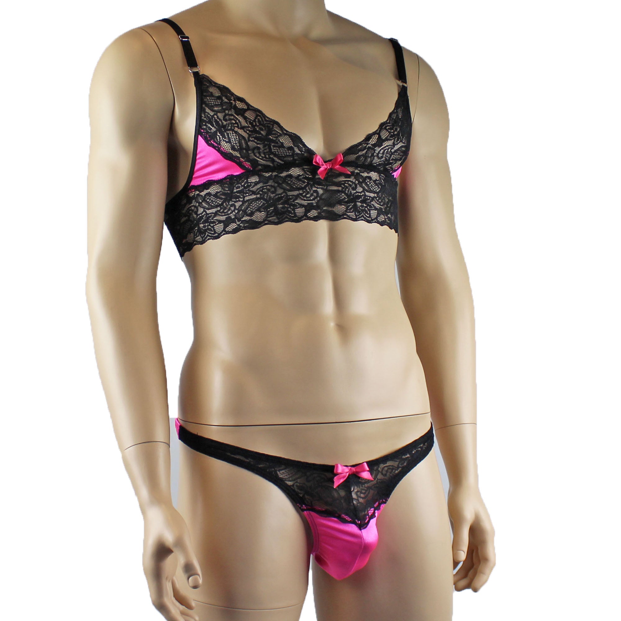 Mens Joanne Lace Bra Top Lingerie and Thong for Men Hot Pink and Black Lace