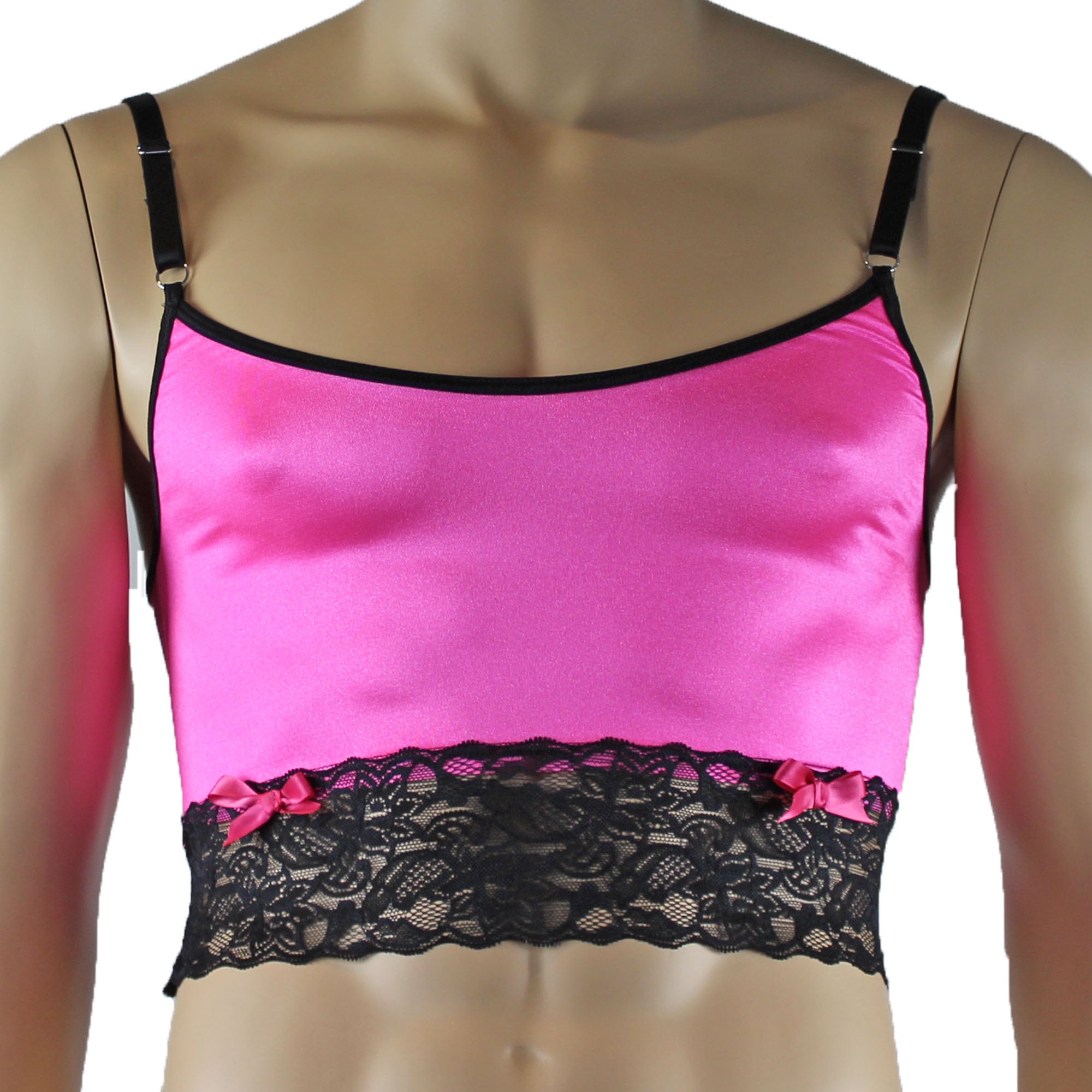 Mens Joanne Satin & Lace Crop Cami Top - Sizes up to 3XL Hot Pink and Black Lace