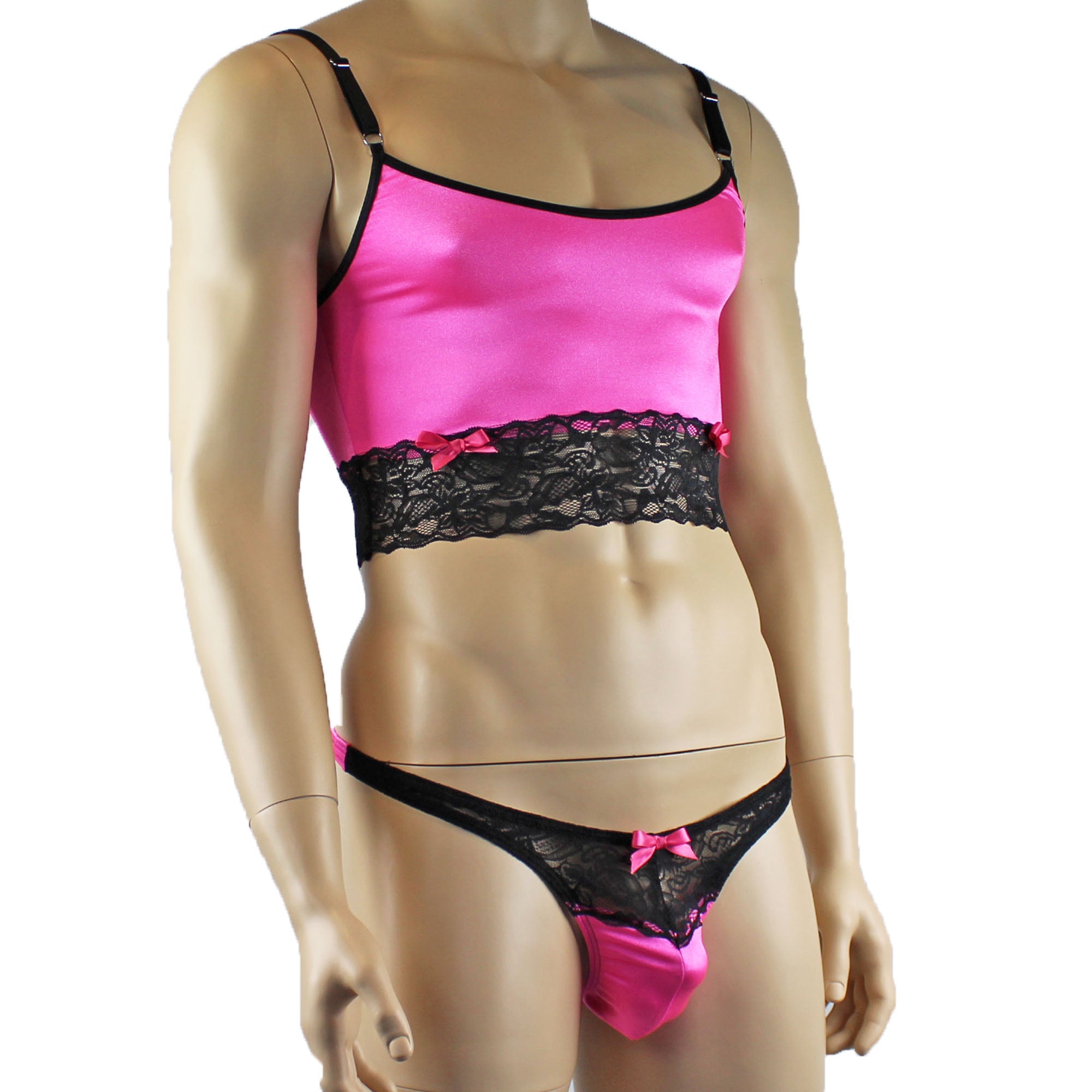 Mens Joanne Satin & Lace Crop Cami Top with Sexy Thong - Sizes up to 3XL Hot Pink and Black Lace