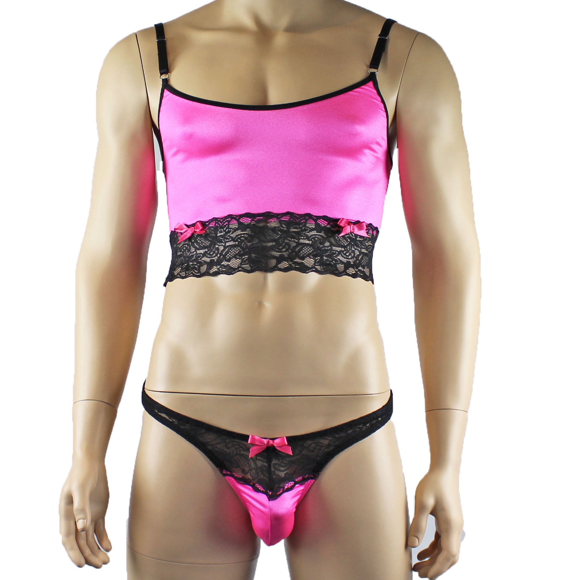Mens Joanne Satin & Lace Crop Cami Top with Sexy Thong - Sizes up to 3XL Hot Pink and Black Lace