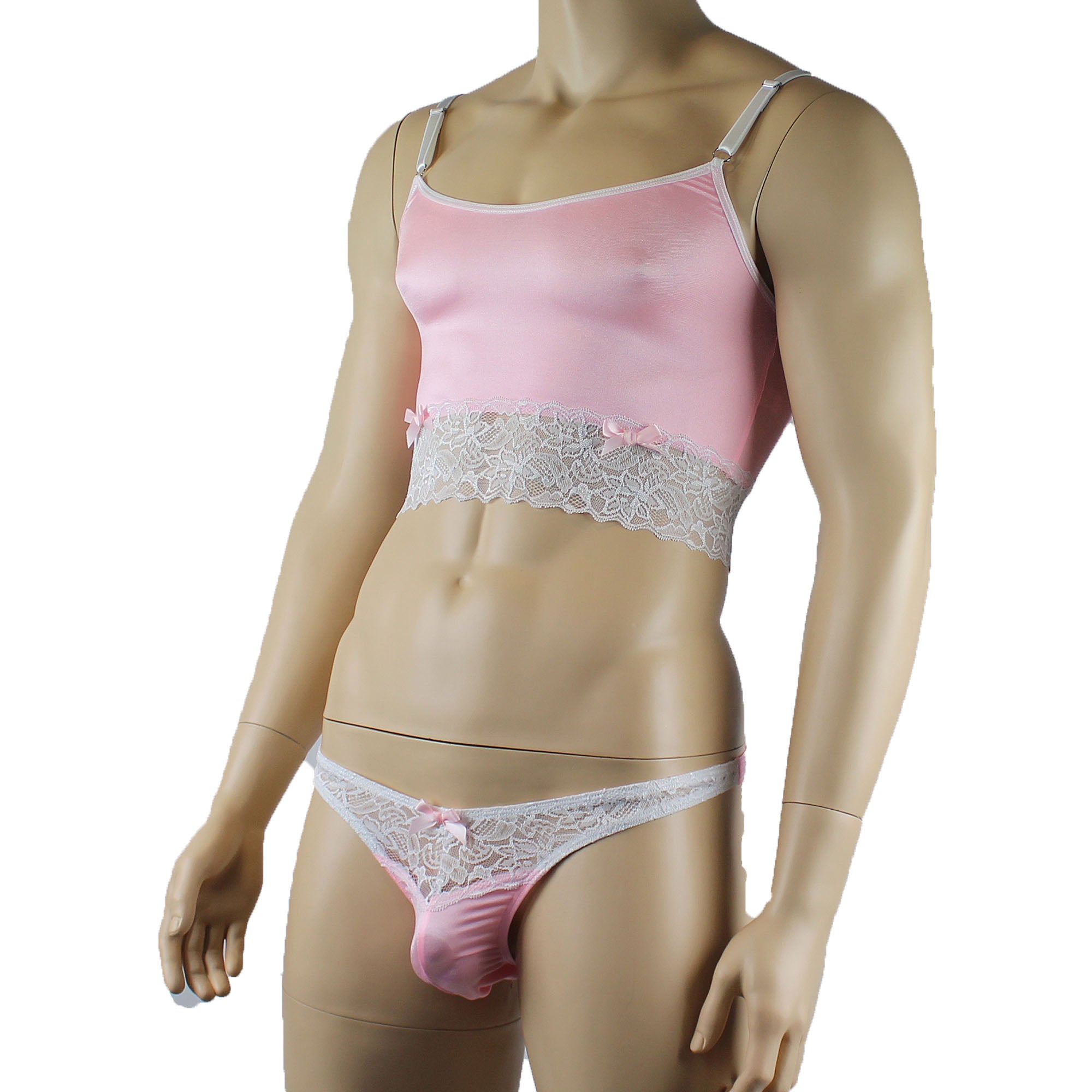 Mens Joanne Satin & Lace Crop Cami Top with Sexy Thong - Sizes up to 3XL Light Pink and White Lace