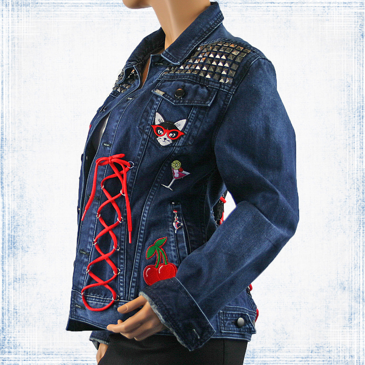 Lexie Re-Designed Retro Denim Jacket with Lace, Patches, Sexy Lacing & Distressed Look