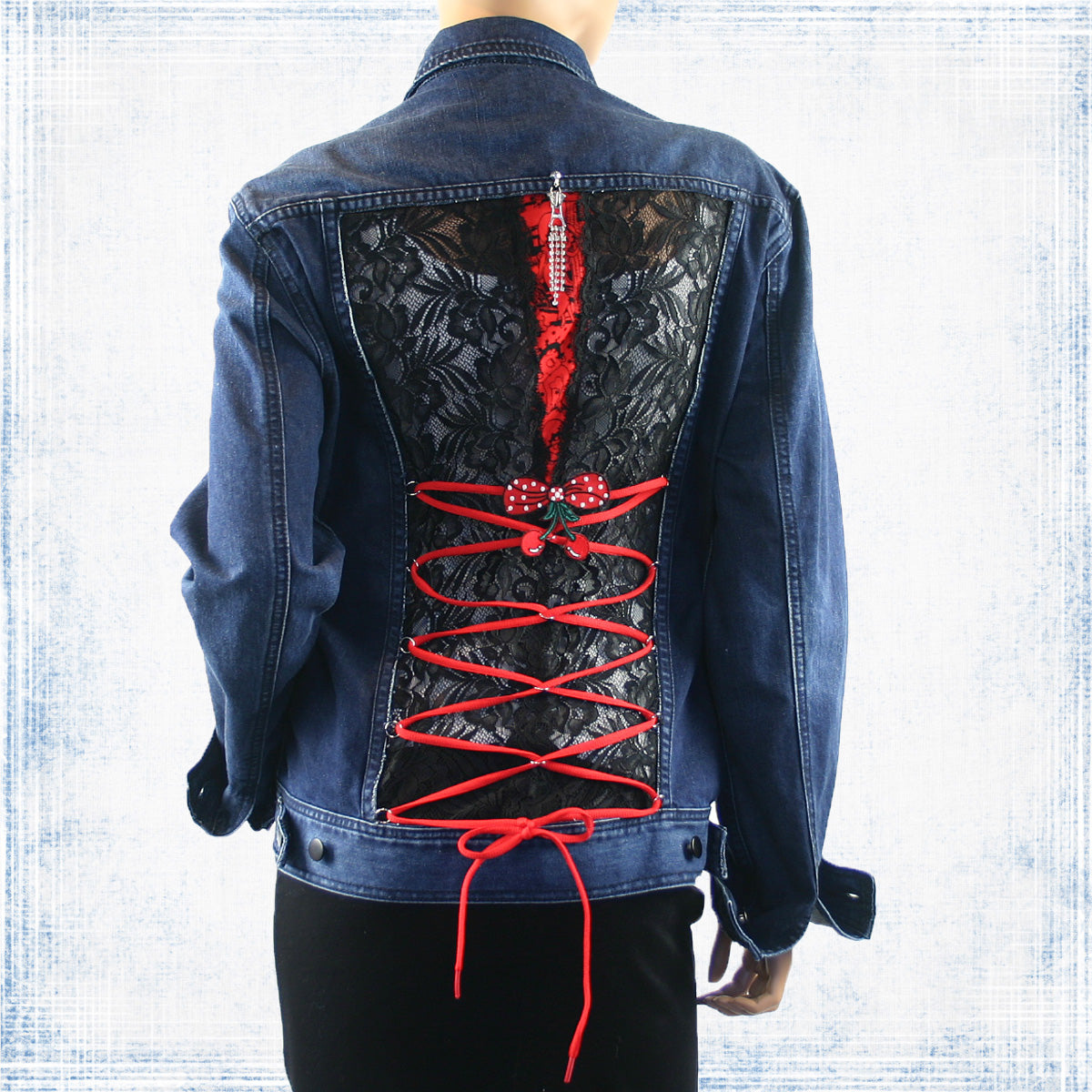 Lexie Re-Designed Retro Denim Jacket with Lace, Patches, Sexy Lacing & Distressed Look