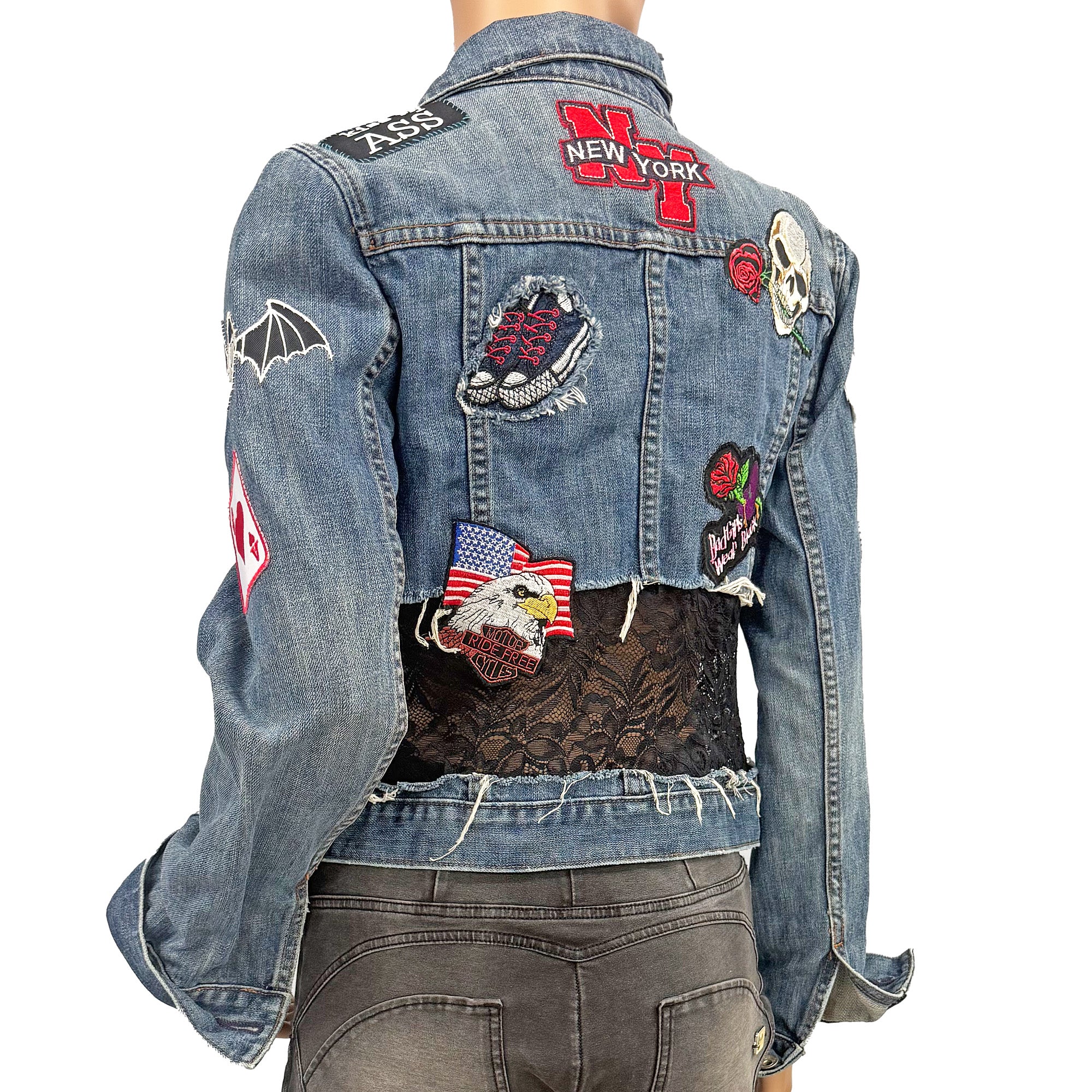 Nikki Re-Designed Denim Jacket with Lace, Patches & Distressed Look