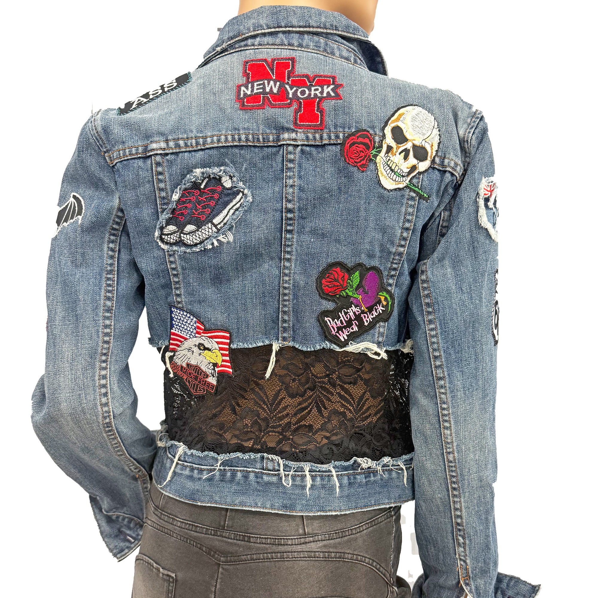 Nikki Re-Designed Denim Jacket with Lace, Patches & Distressed Look