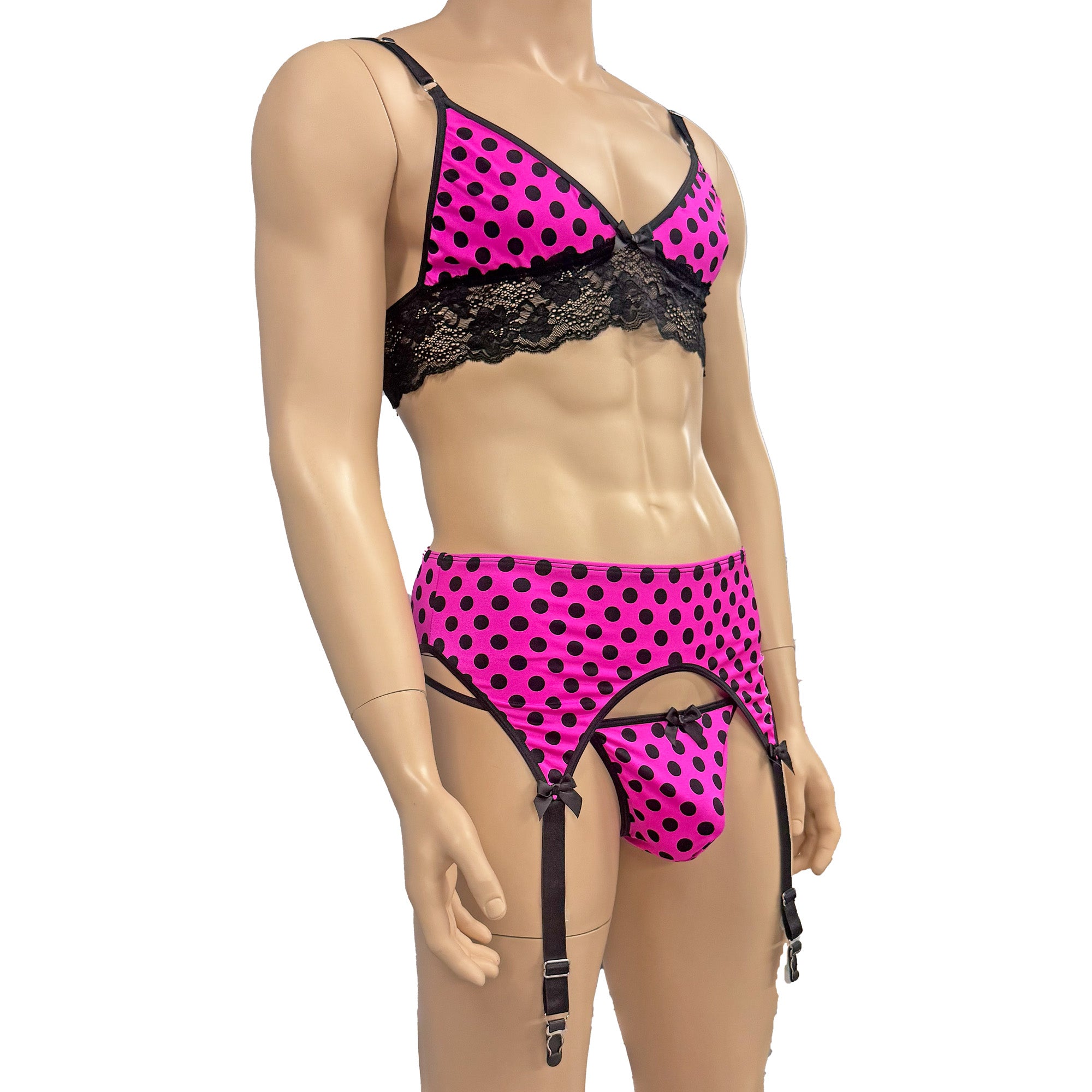 Mens Hot Pink Polka Dot & Lace Bra Top with G string & Garterbelt