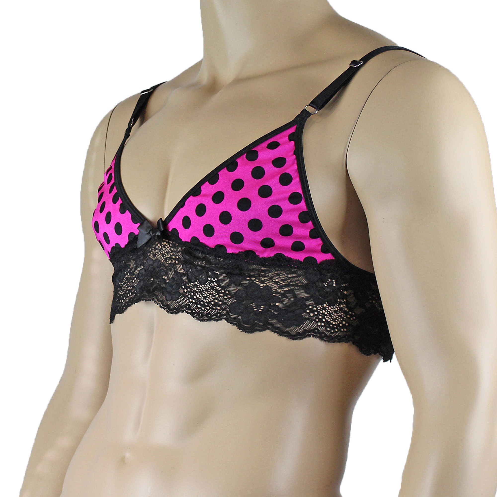 Mens Pink Polka Dot Hot Pink Lace Bra Top with Matching Polka G string