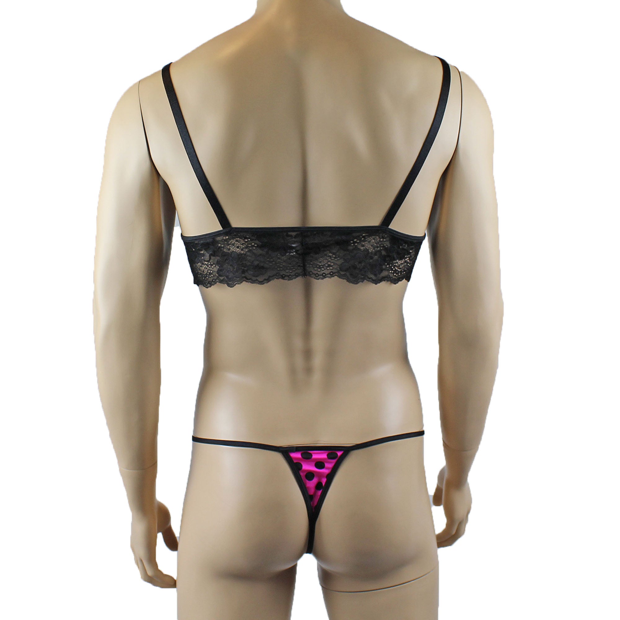 Mens Pink Polka Dot Hot Pink Lace Bra Top with Matching Polka G string