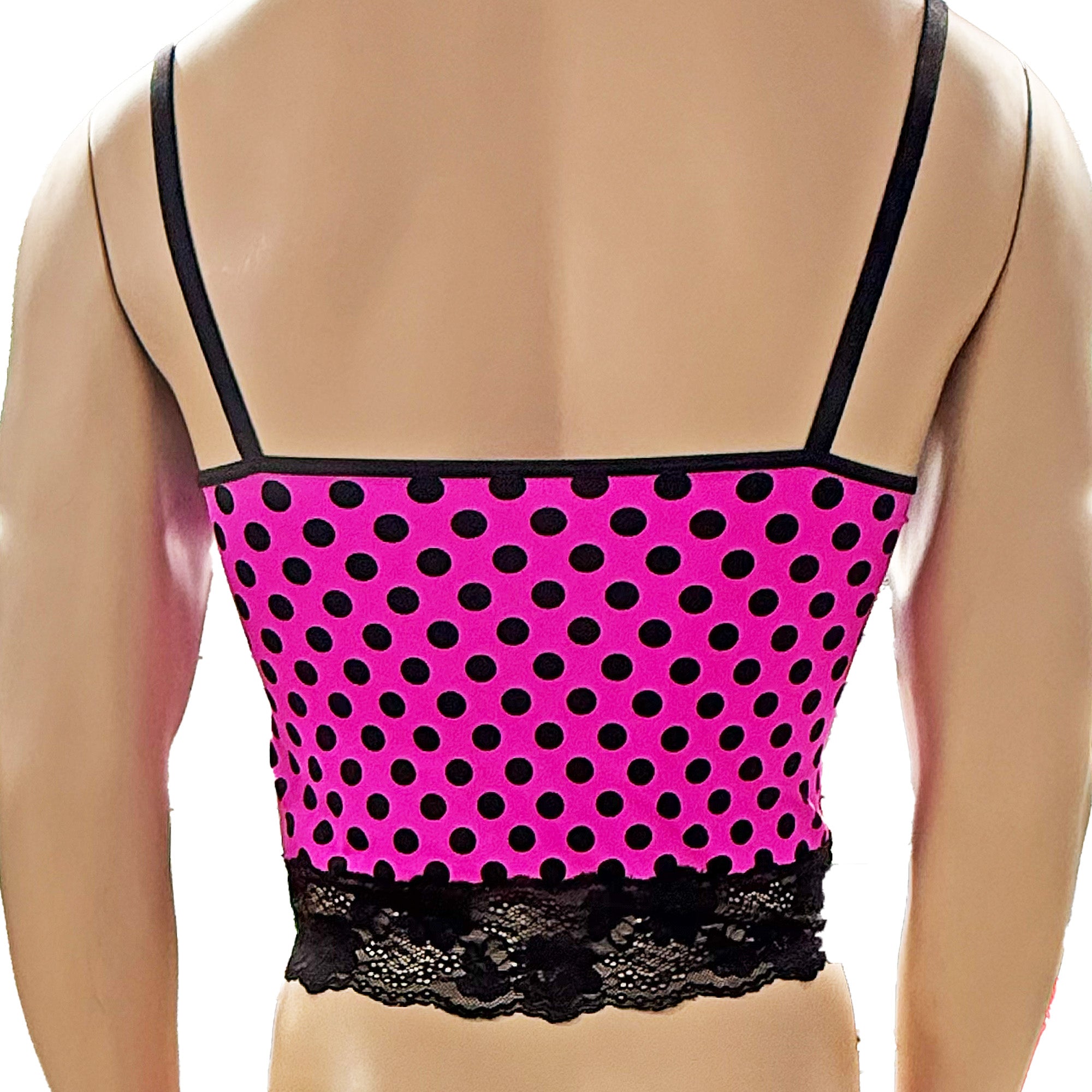 Mens Hot Pink Polka Dot with Black Lace Camisole Top with G string & Garterbelt