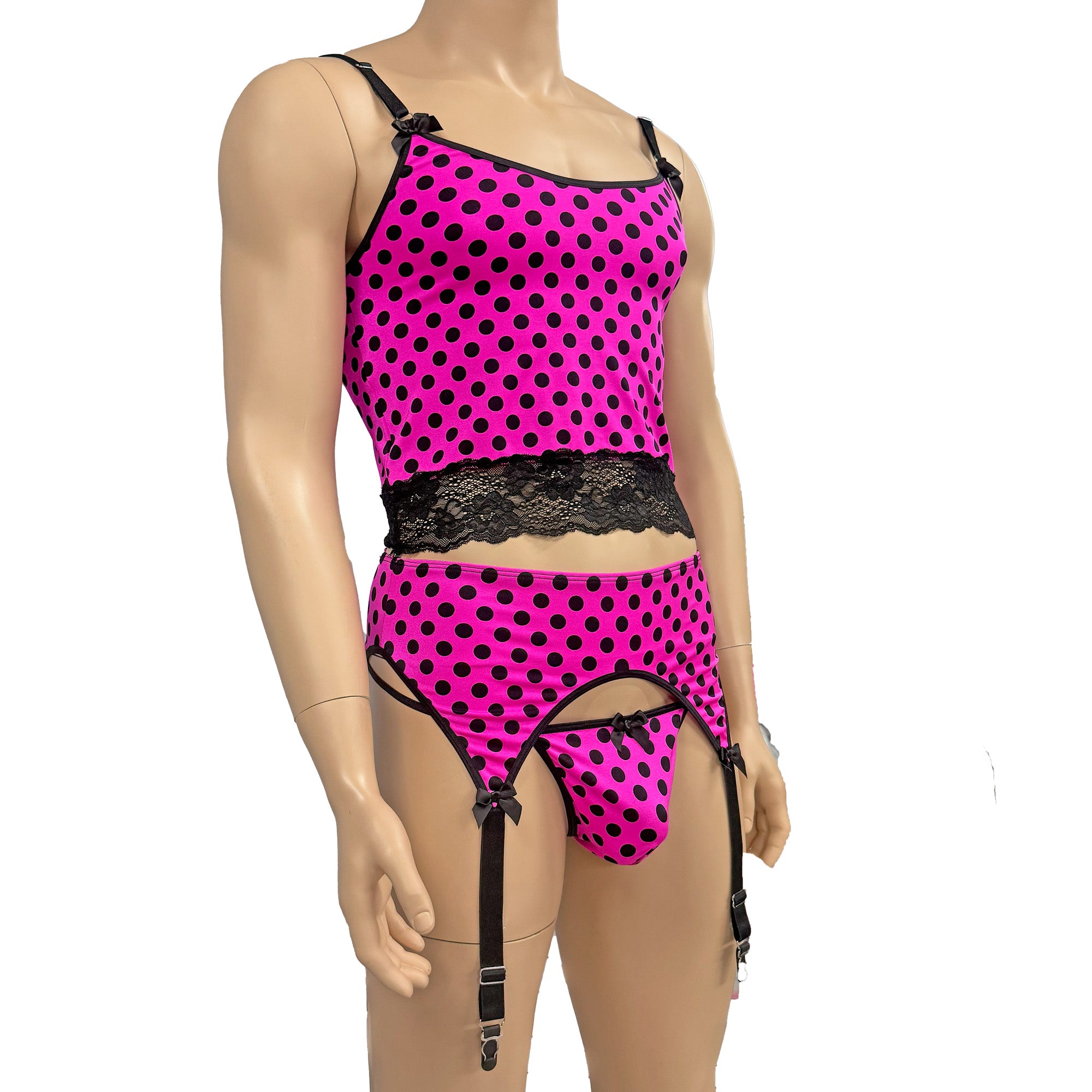 Mens Hot Pink Polka Dot with Black Lace Camisole Top with G string & Garterbelt