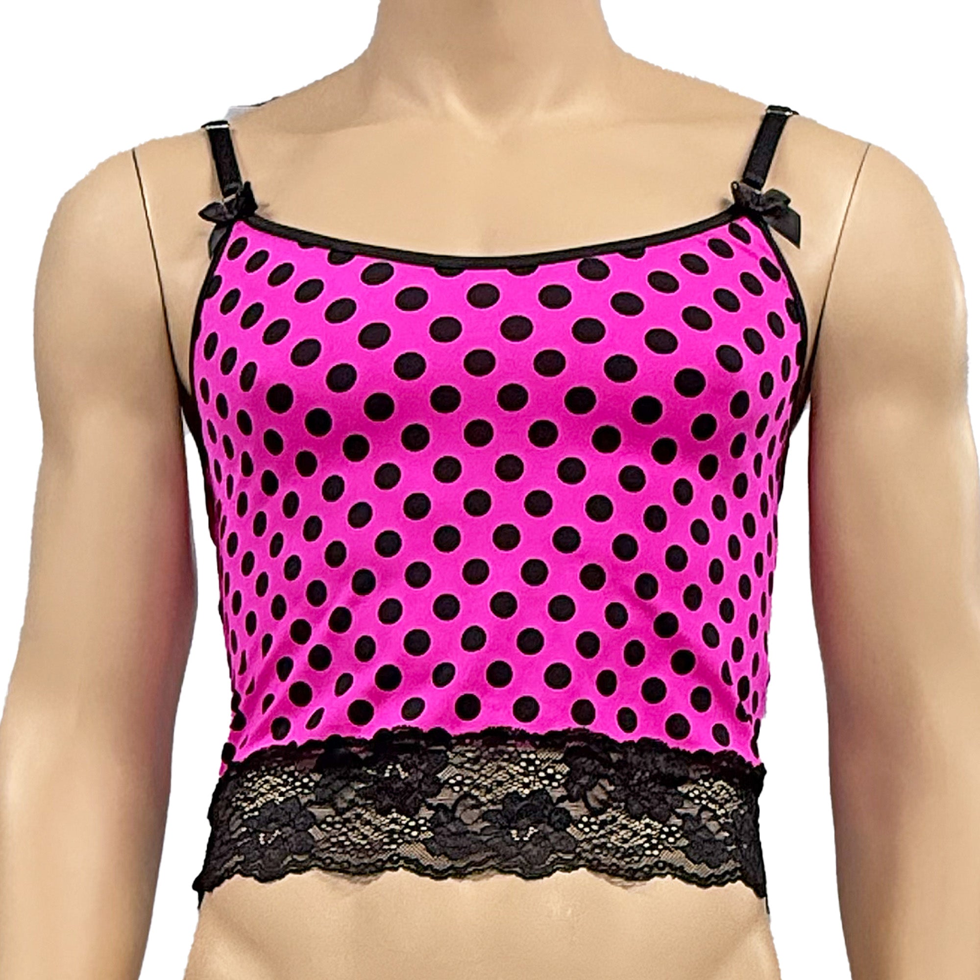 Mens Hot Pink Polka Dot with Black Lace Camisole Top with G string & Garterbelt