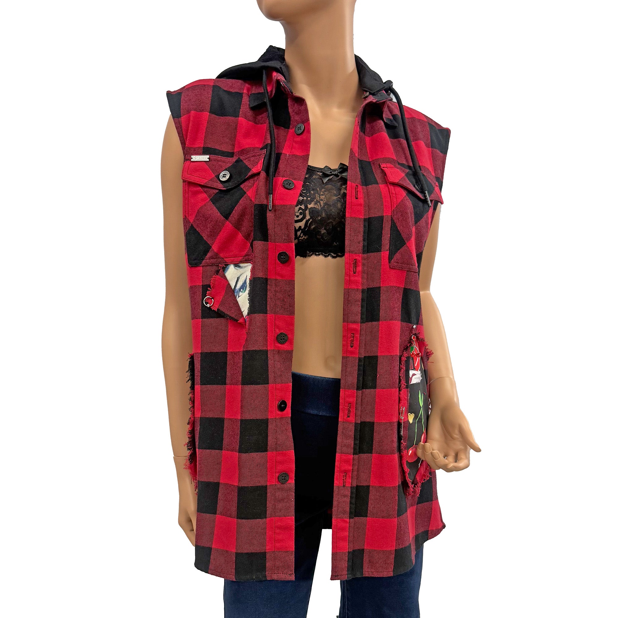 Rocky Re-Designed Plaid Unisex Top Vest Jacket with Inserts and Distressed Look