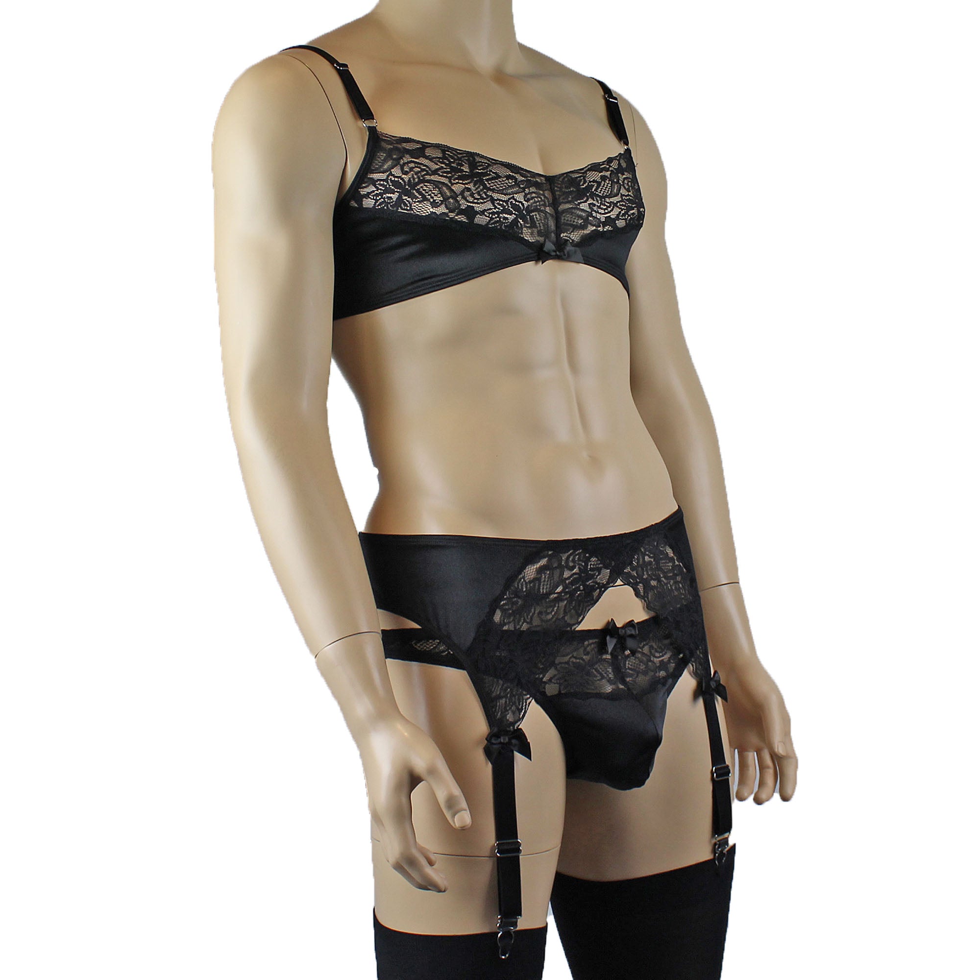 Male Romance Stretch Spandex Bra, G string Thong & Garterbelt Black