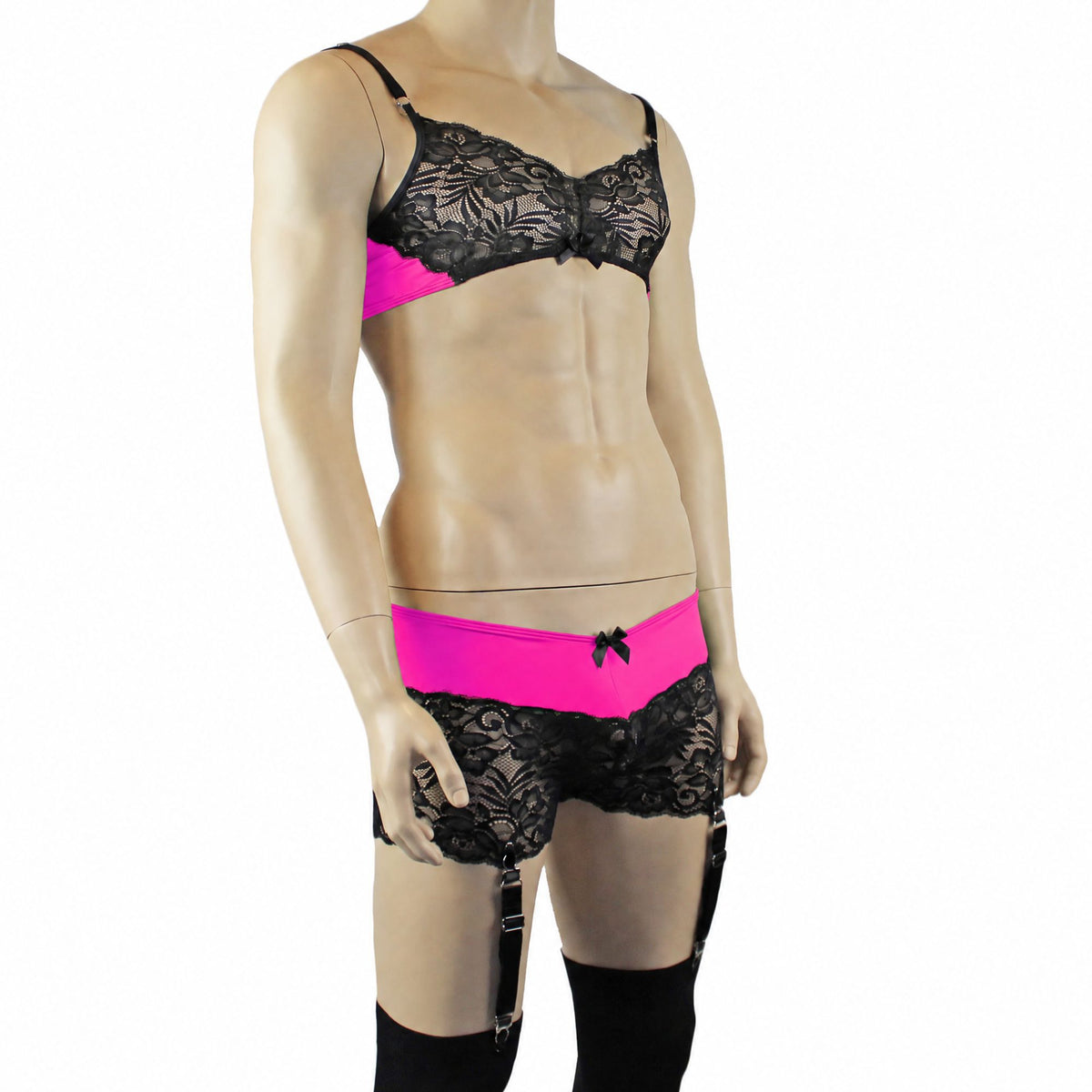 Mens Risque Bra Top, Boxer Briefs with Detachable Garters & Stockings Neon Pink & Black Lace