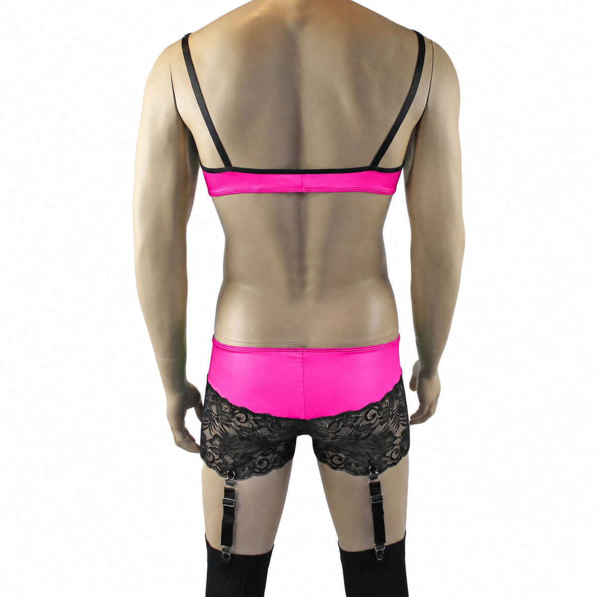 Mens Risque Bra Top, Boxer Briefs with Detachable Garters & Stockings Neon Pink & Black Lace
