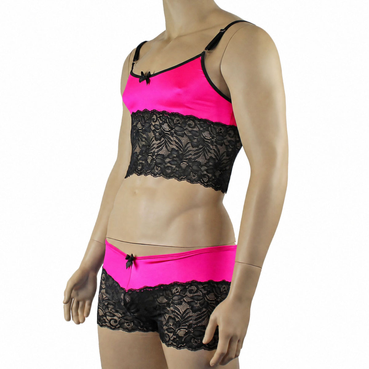 Mens Risque Camisole Top Boxer Briefs Neon Pink and Black Lace