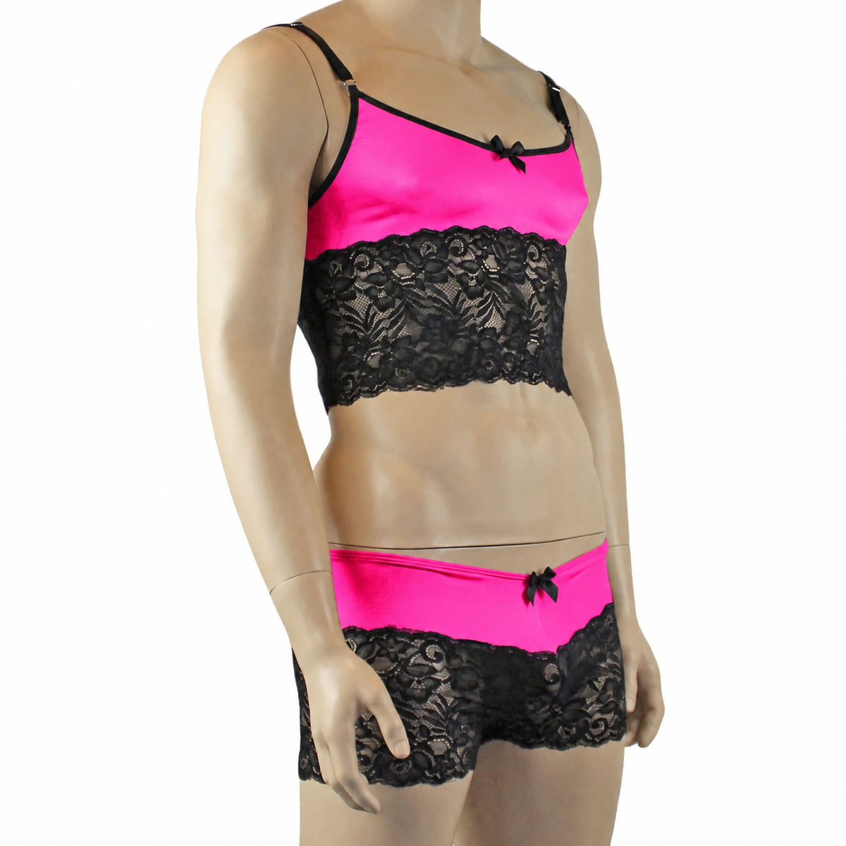 Mens Risque Camisole Top Boxer Briefs Neon Pink and Black Lace