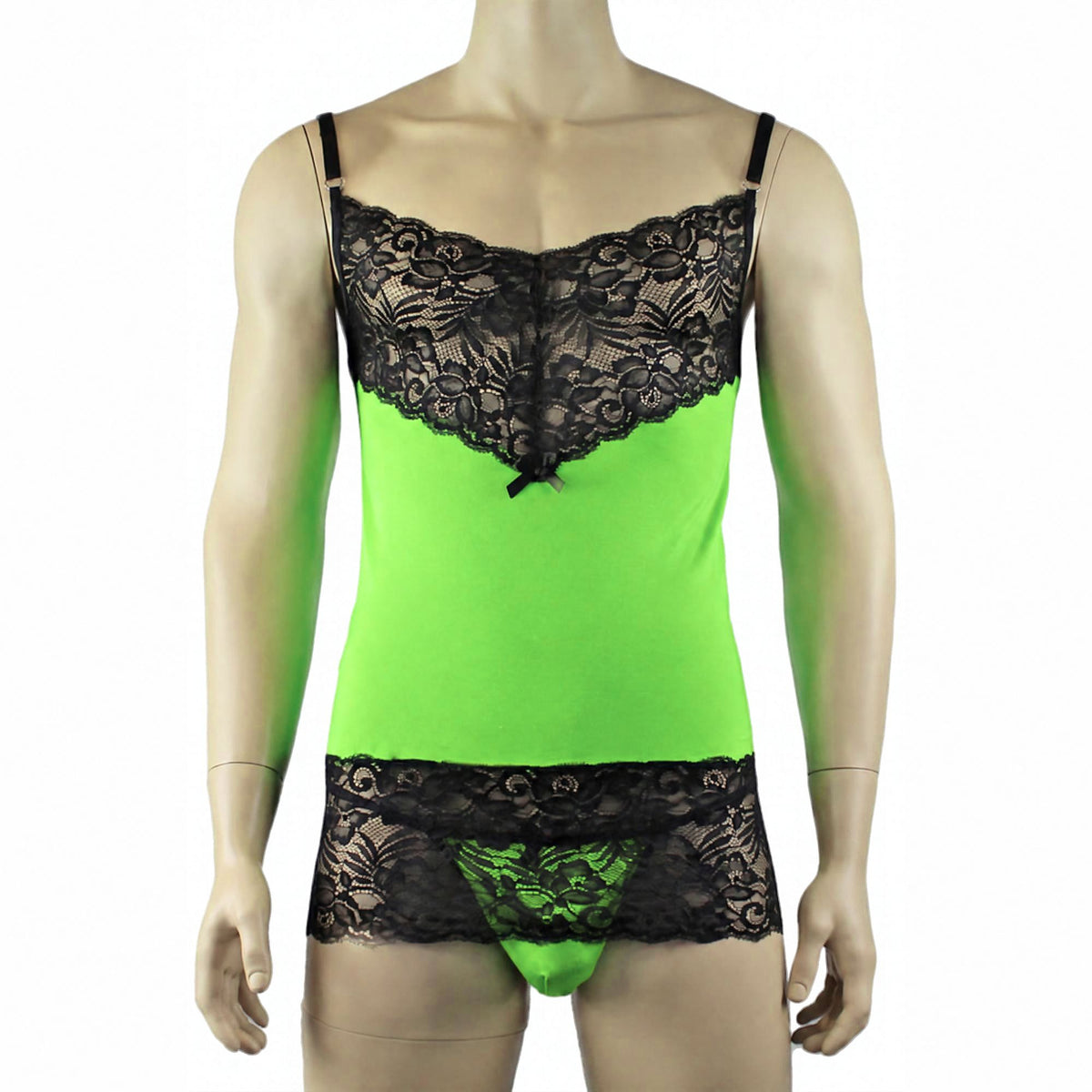 Mens Risque Camisole Mini Dress Chemise, G string & Stockings Neon Green & Black