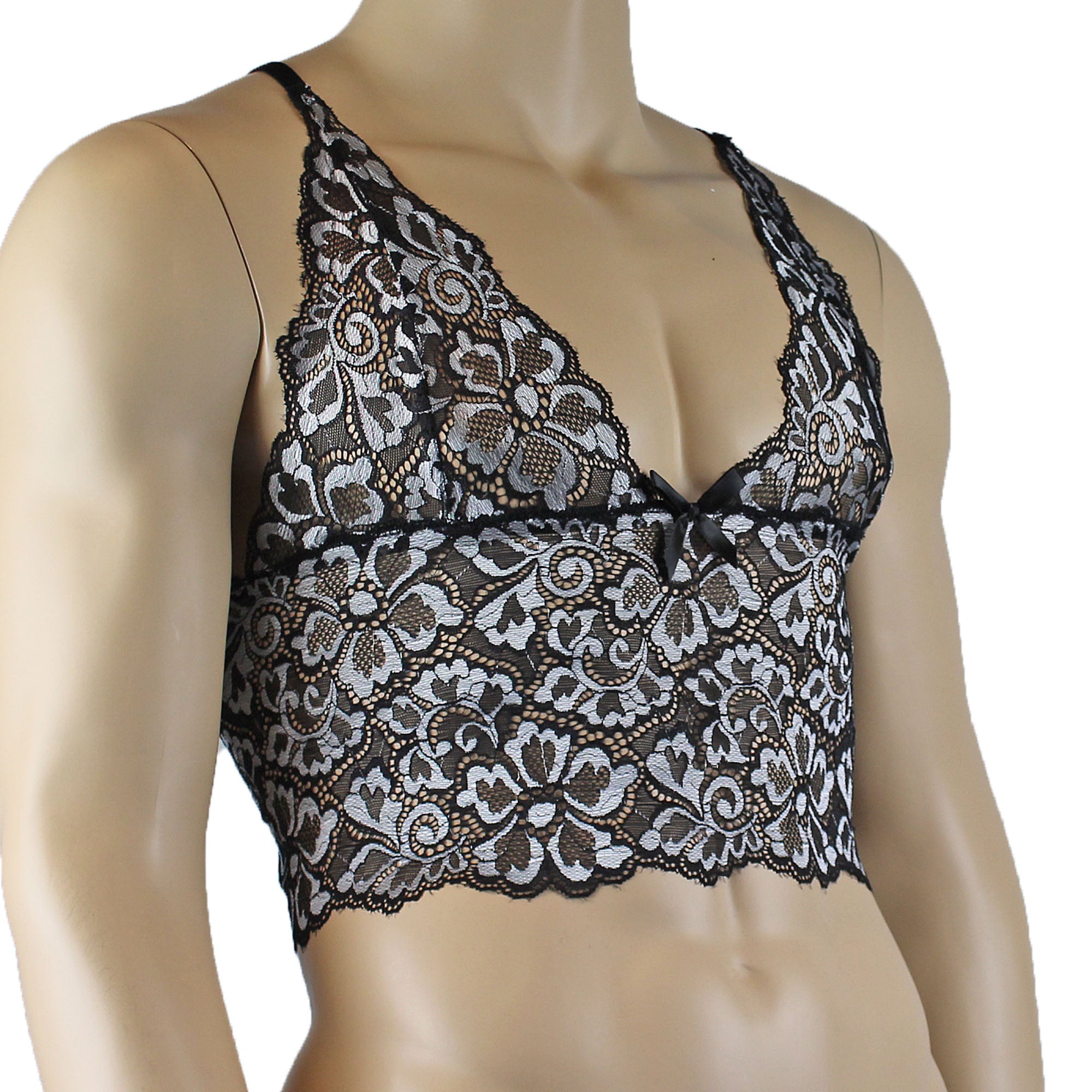 Mens Sweetheart Scalloped Shiny Lace Cami Bra Top for Males (silver plus other colours)
