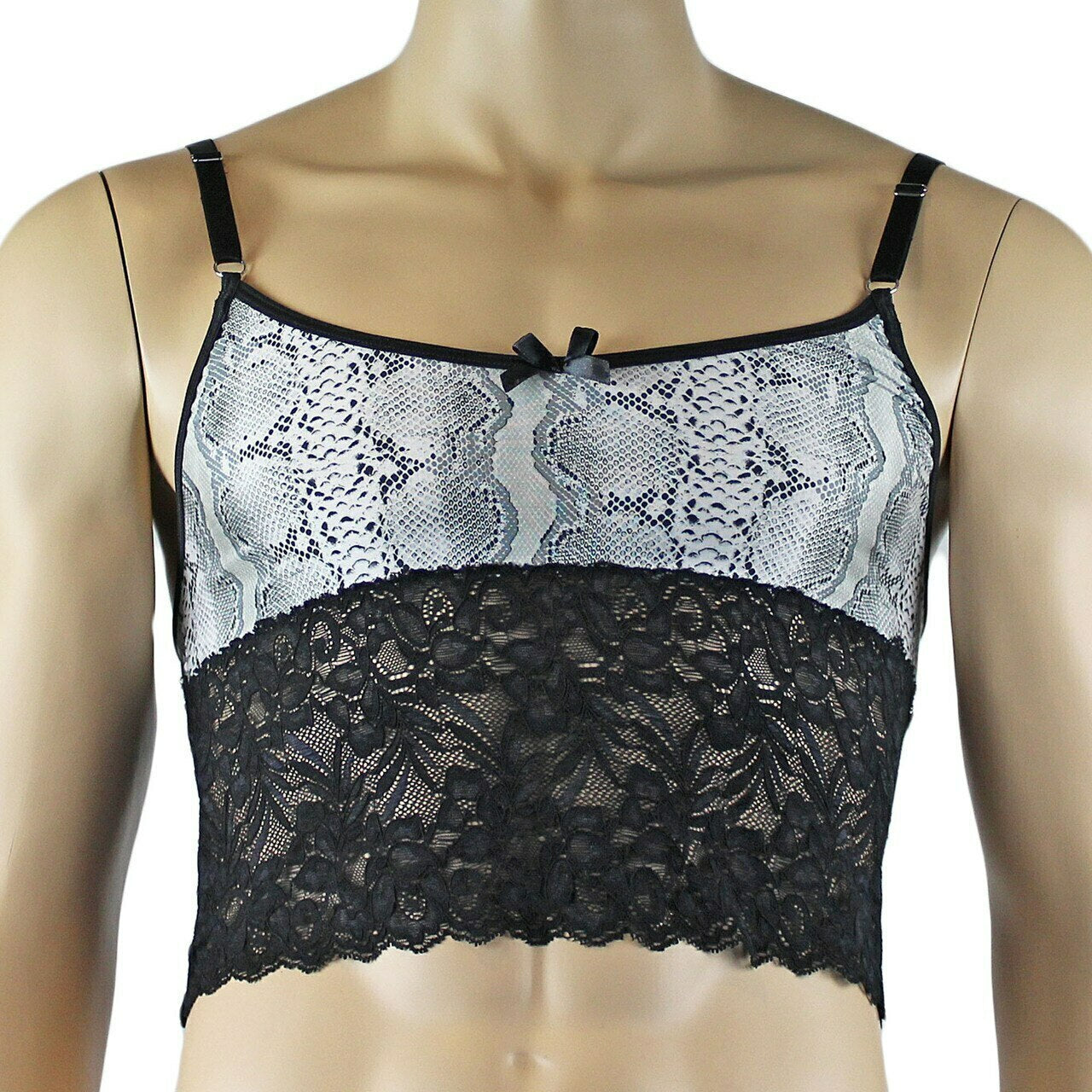 Mens Grey Snake Print & Black Lace Bra Top Camisole and Brief