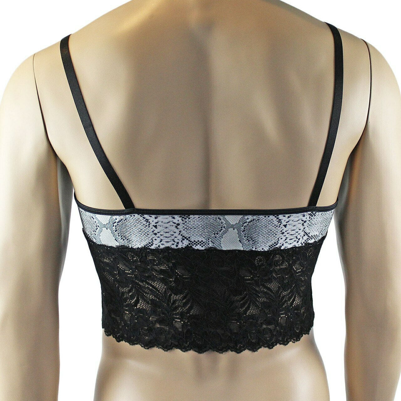 Mens Grey Snake Print & Black Lace Bra Top Camisole and Brief