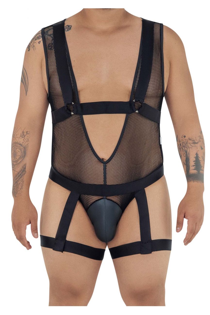 CandyMan 99529X Mesh Garter Bodysuit Black Plus Sizes