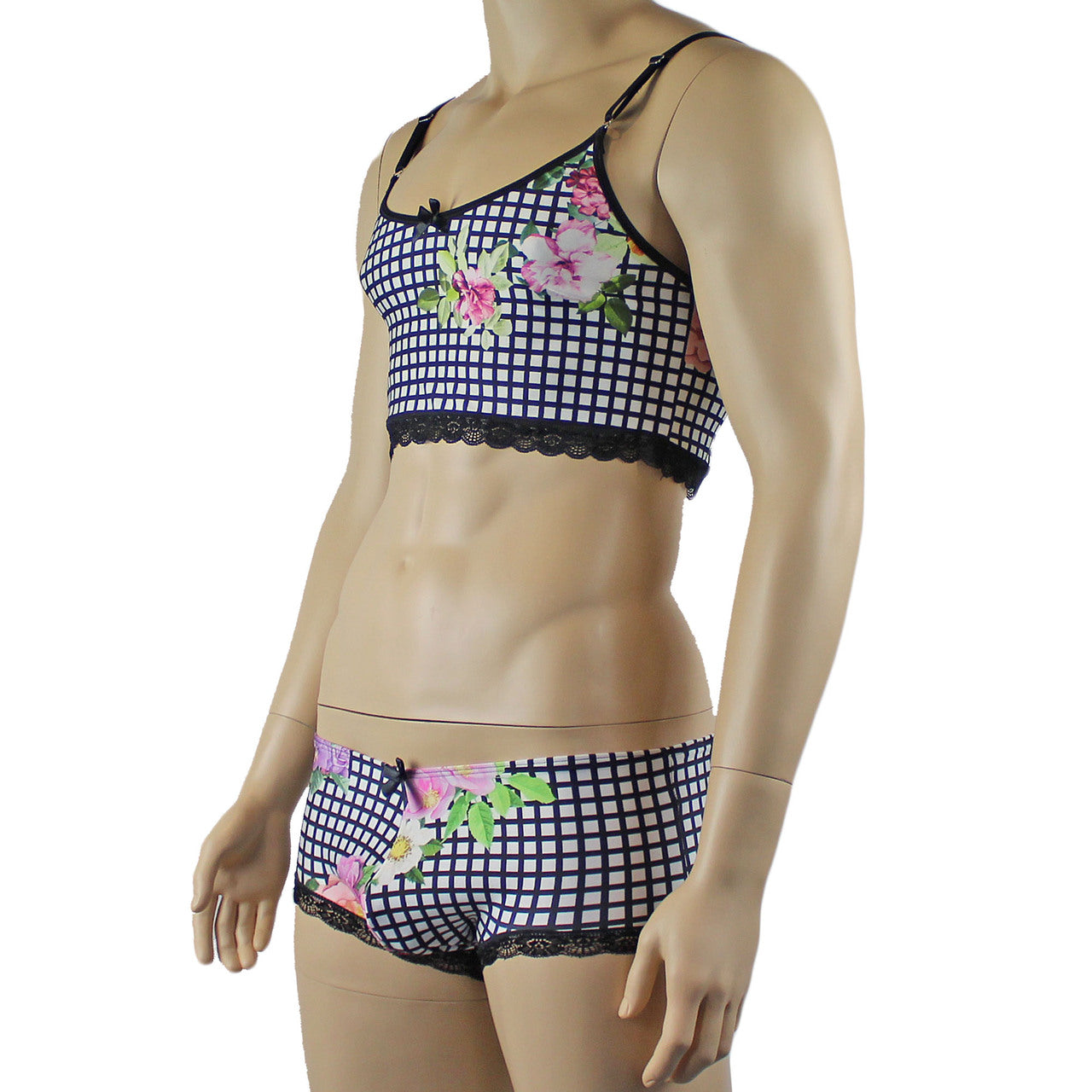 Mens Diana Camisole Top & Boxer Briefs in a Pretty Flower Checkered Print Spandex