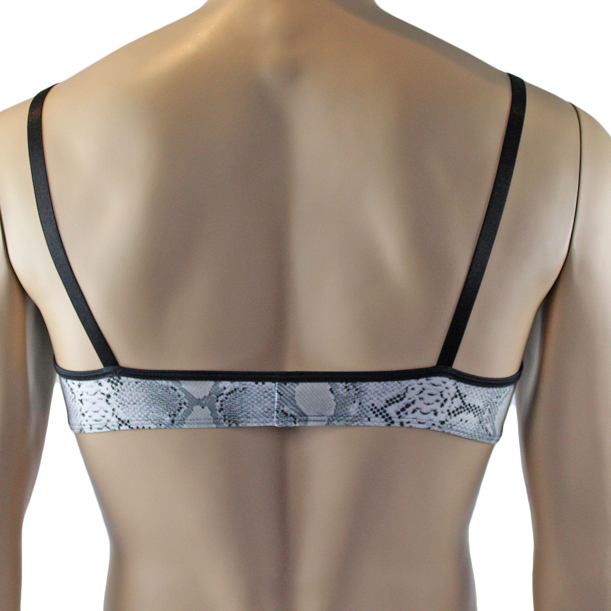 Mens Grey Snake Print & Black Lace Mens Bra Top, Thong, Garter & Stockings