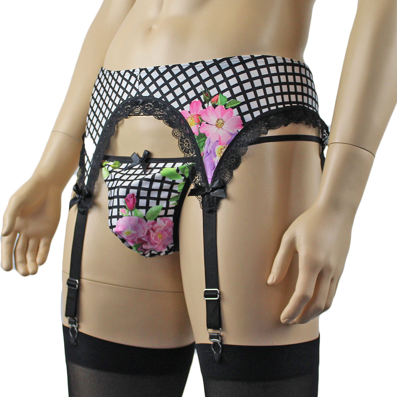 Mens Diana Garterbelt & G string Pouch in our Flower Checkered Print Spandex