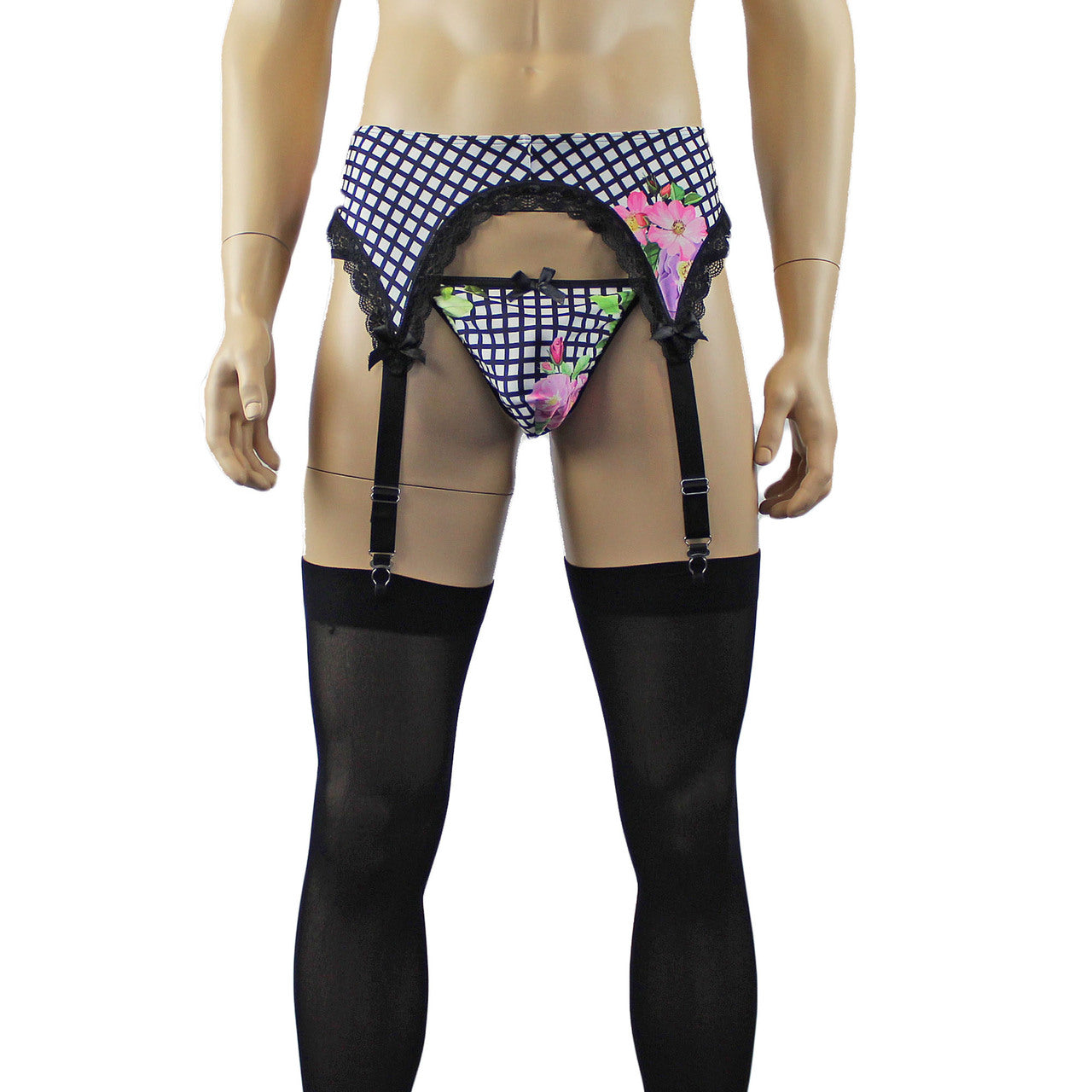 Mens Diana Bra Top , Garterbelt & G string in a Pretty Flower Checkered Print Spandex