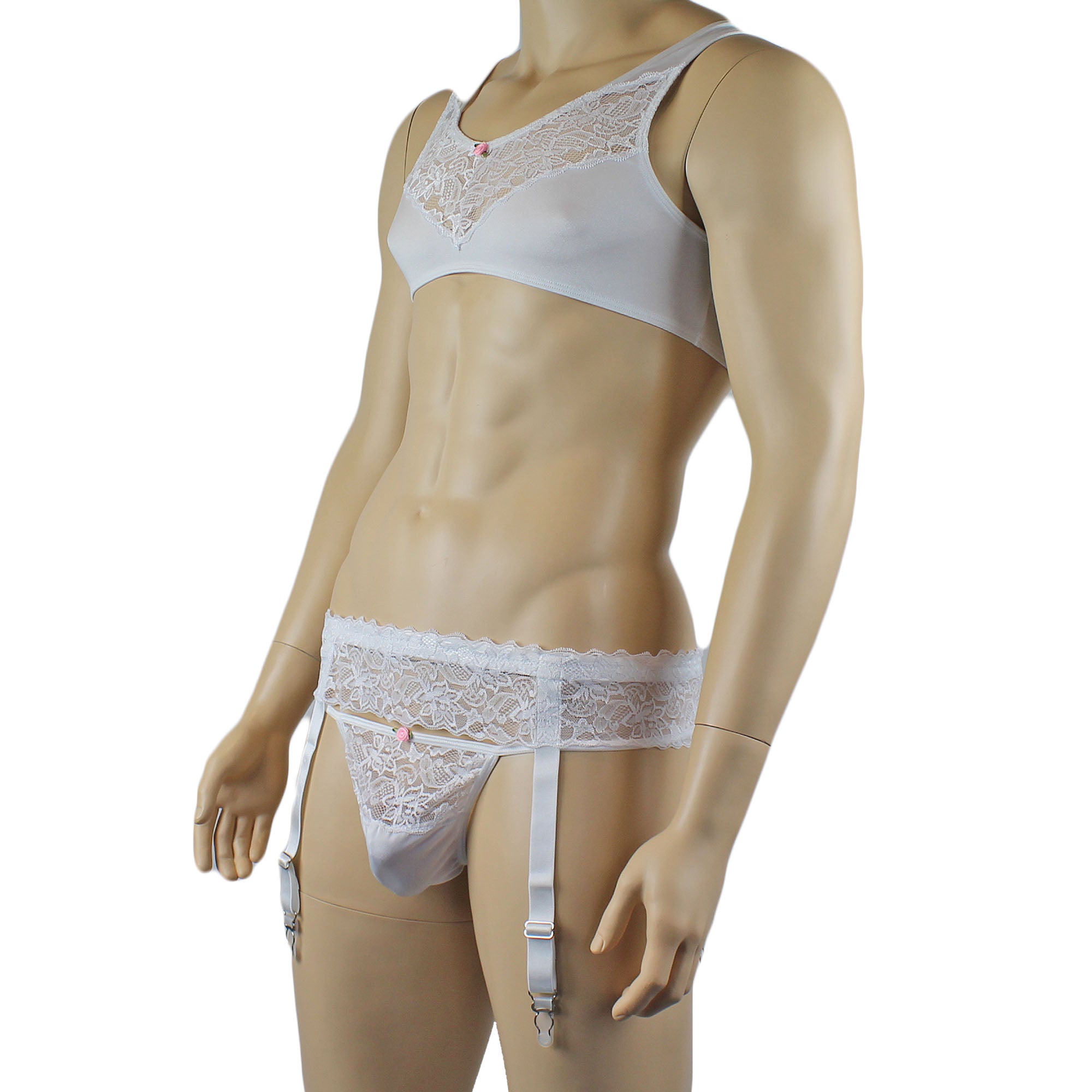 Male Penny Lingerie Bra Top with V Lace front, G string & Garterbelt White