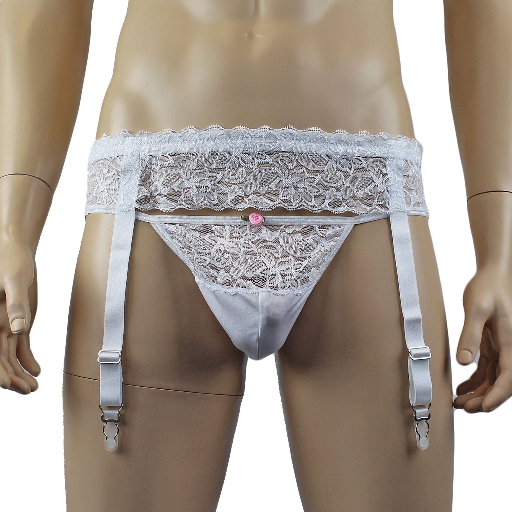 Male Penny Lingerie Stretch Spandex & Lace Pouch G string & Lace Garterbelt (white plus other colours)