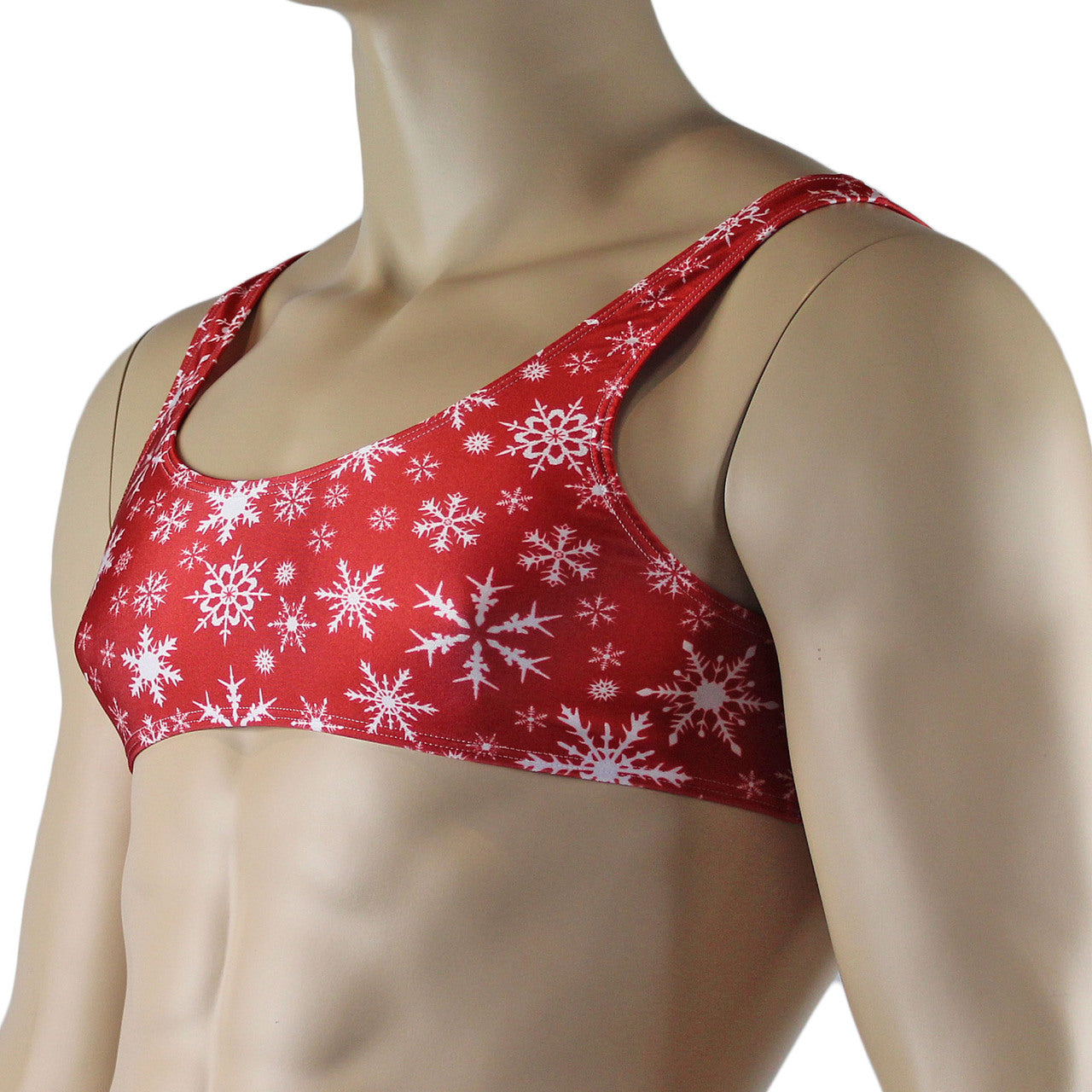 Mens Christmas Snowflake Print Spandex Bra Top Red and White