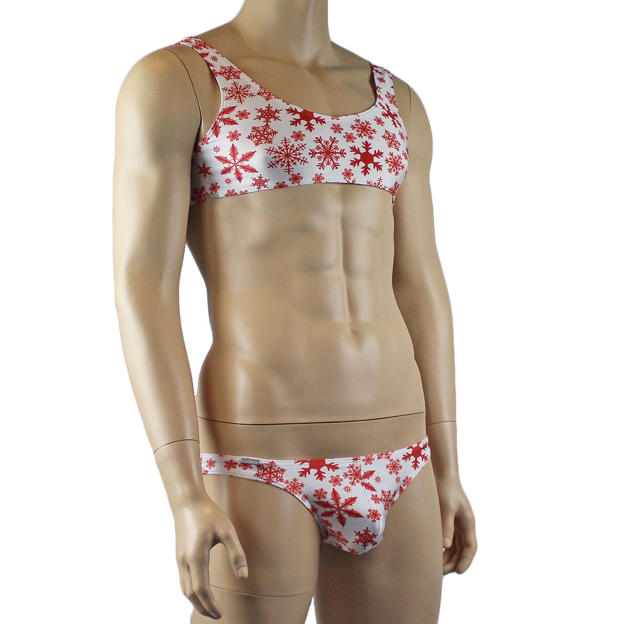 Mens Christmas Snowflake Bra Top & Low Cut Bikini Brief Red and White