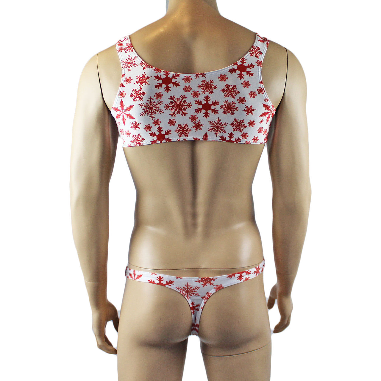 Mens Christmas Snowflake Bra Top & Low Cut Thong White and Red