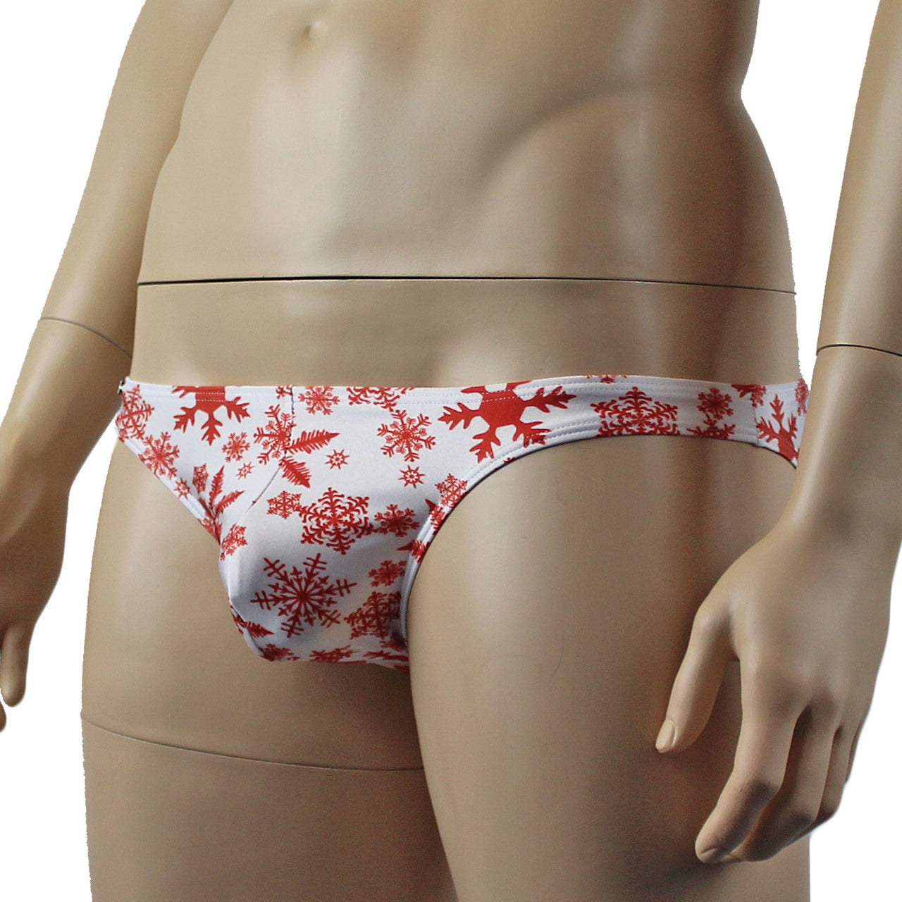 Mens Christmas Snowflake Print Spandex Low Cut Brief with Sexy Back White and Red