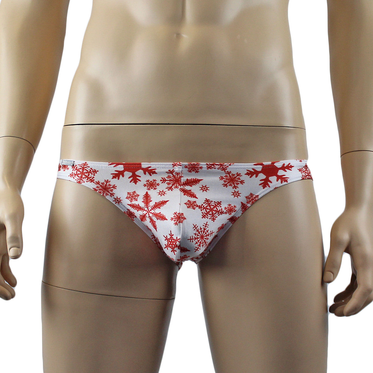 Mens Christmas Snowflake Print Spandex Low Cut Brief with Sexy Back White and Red