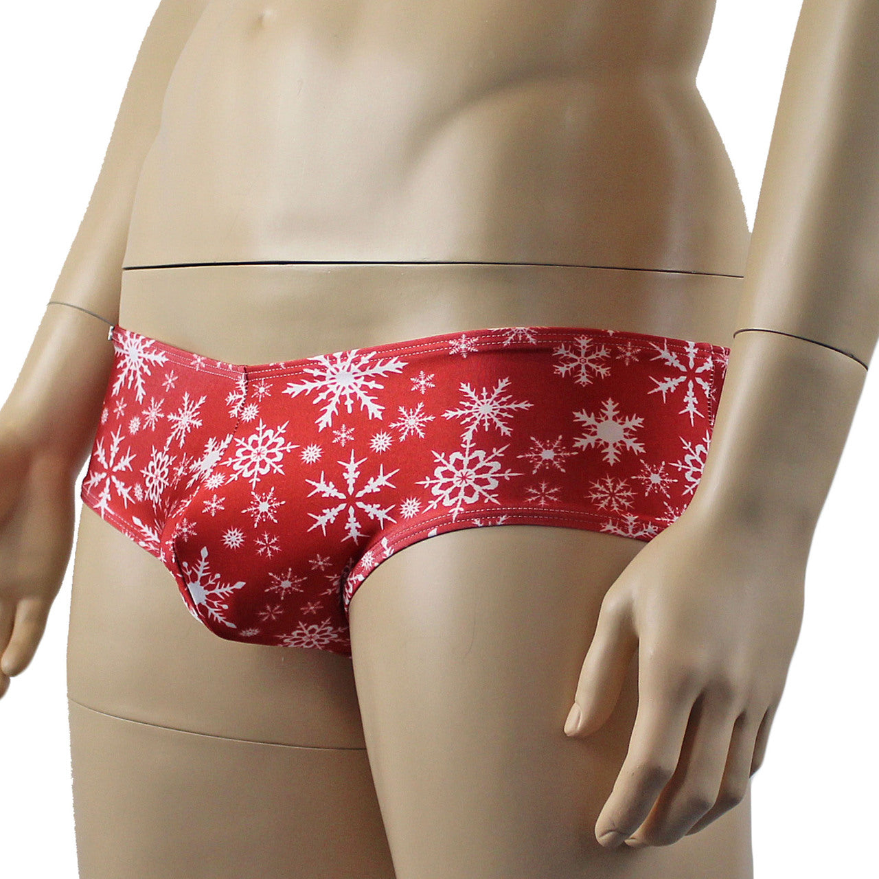 Mens Christmas Snowflake Print Spandex Low Cut Boxer Brief Red and White